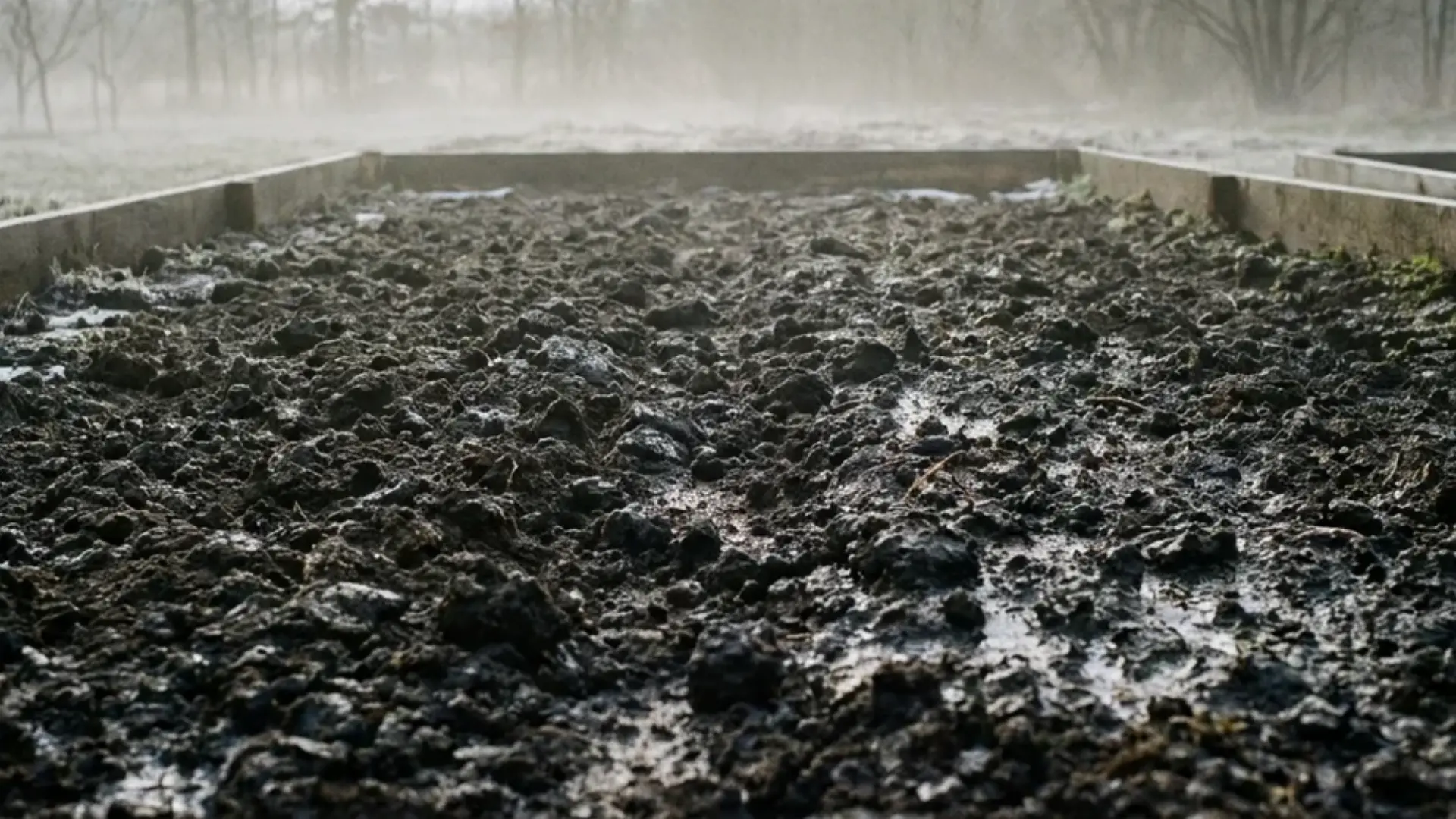 An empty garden bed with damp soil in early spring morning light
