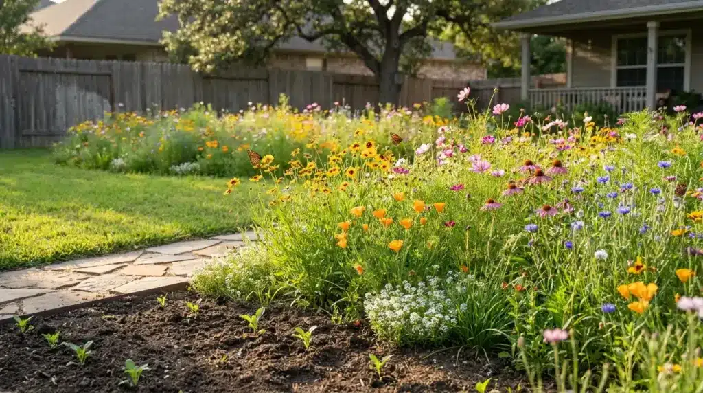 How to Plant Wildflower Seeds for Better Growth Wildflower garden with colorful blooms, green grasses, and a natural backyard landscape