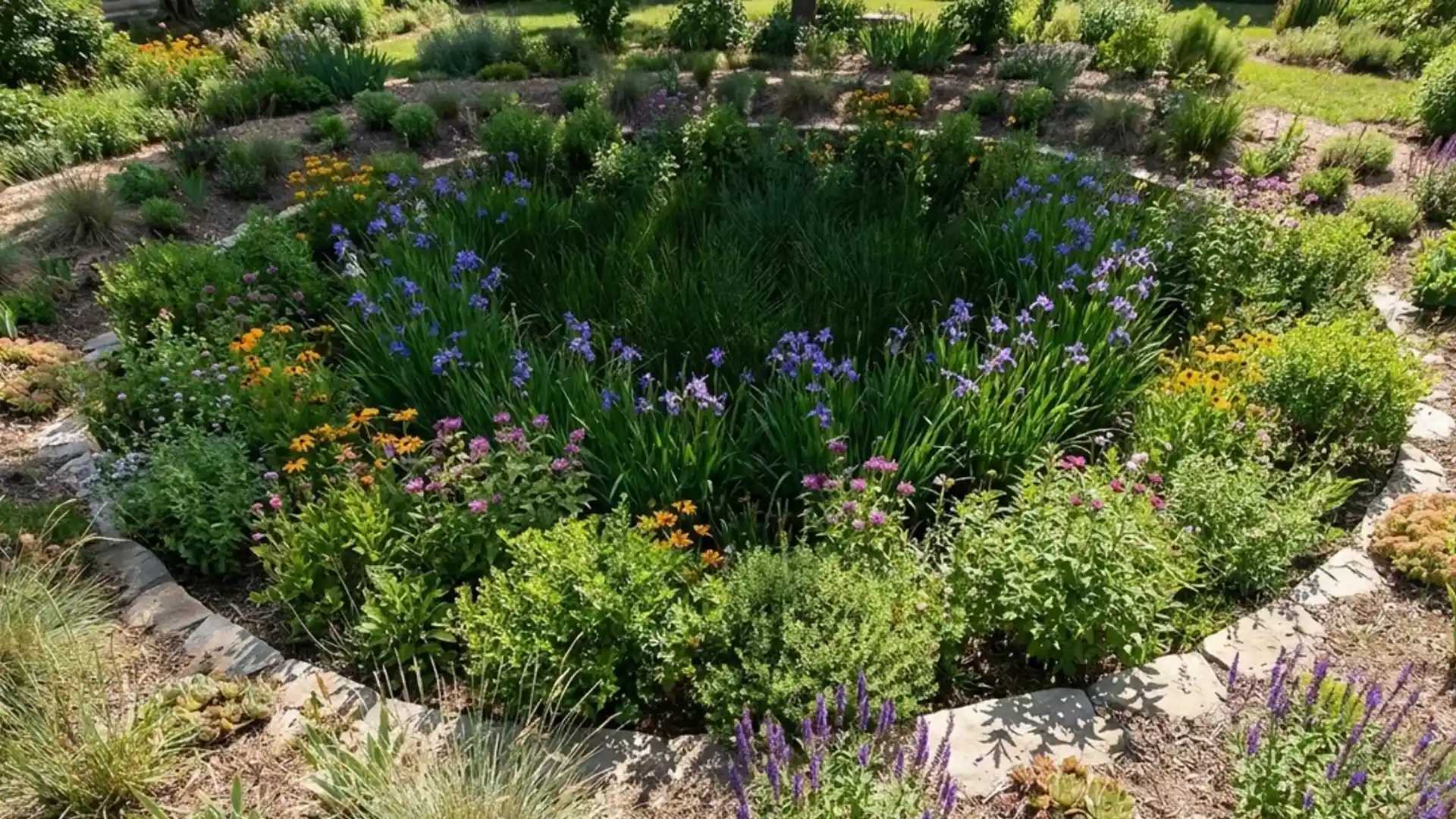 Rain garden basin showing wet-zone sedges, mid-slope shrubs, and dry-edge perennials