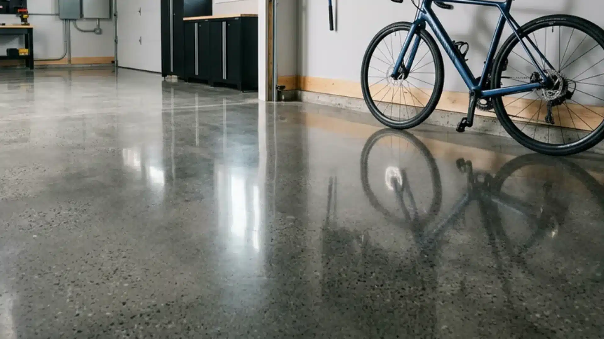 polished gray concrete flooring installed in a modern garage near a parked bicycle