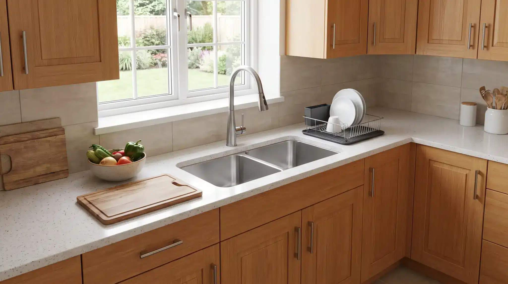U-shaped kitchen with sink placement improving corner workflow and counter access