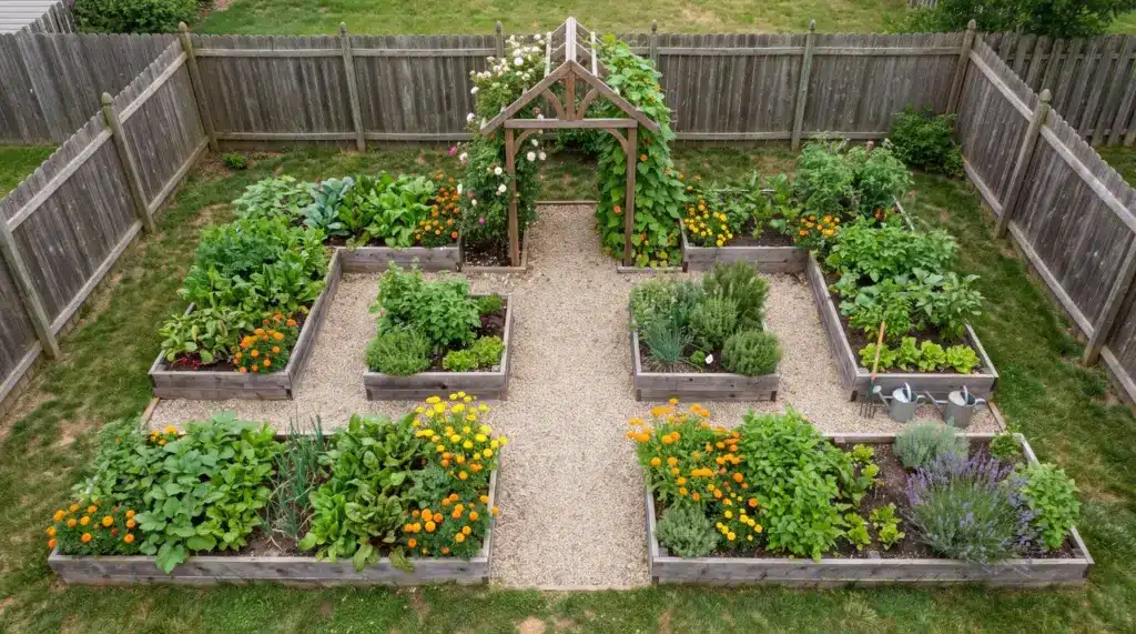 Overhead view of a potager garden with raised beds arranged in a grid pattern