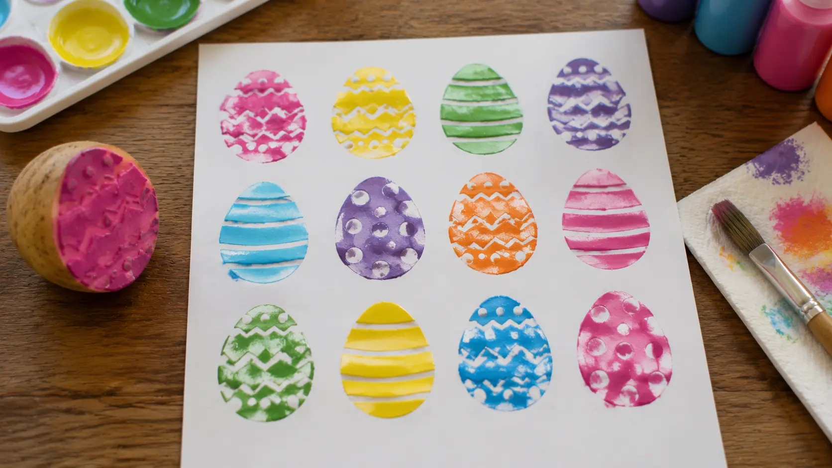 Potato stamped egg pattern craft on paper