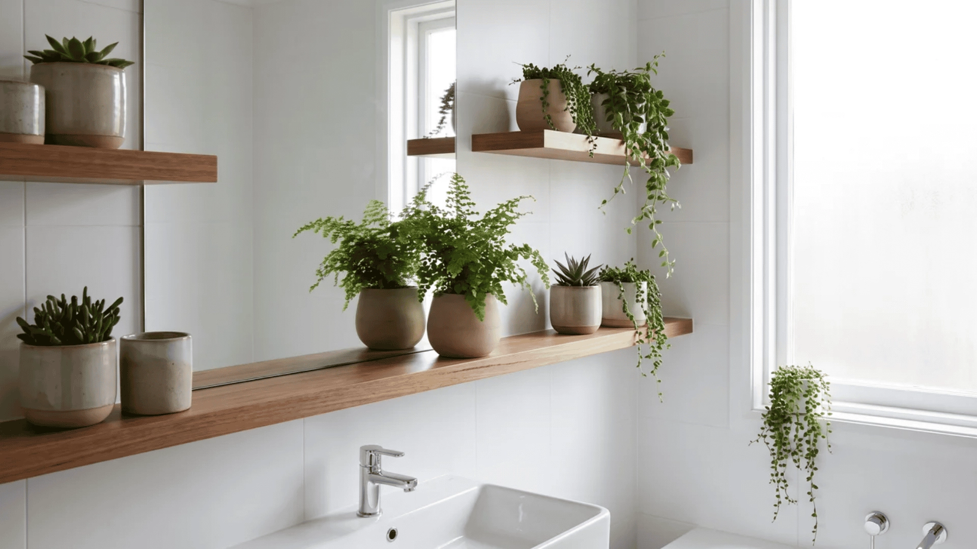 Bathroom with potted plants on timber shelves