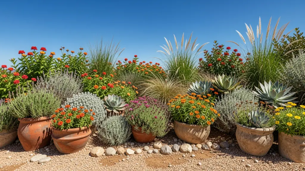 Terracotta pots with colorful flowers, succulents, and tall ornamental grasses under a clear blue sky.