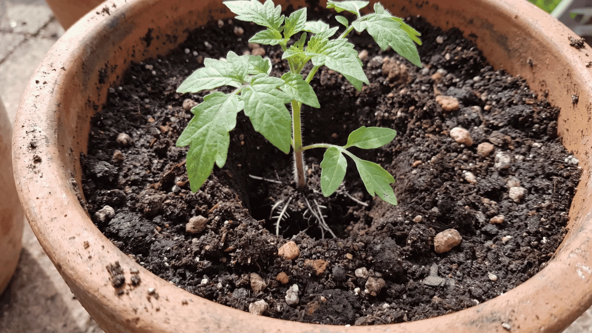 Tomato seedling positioned in a planting hole inside a pot filled with potting mix