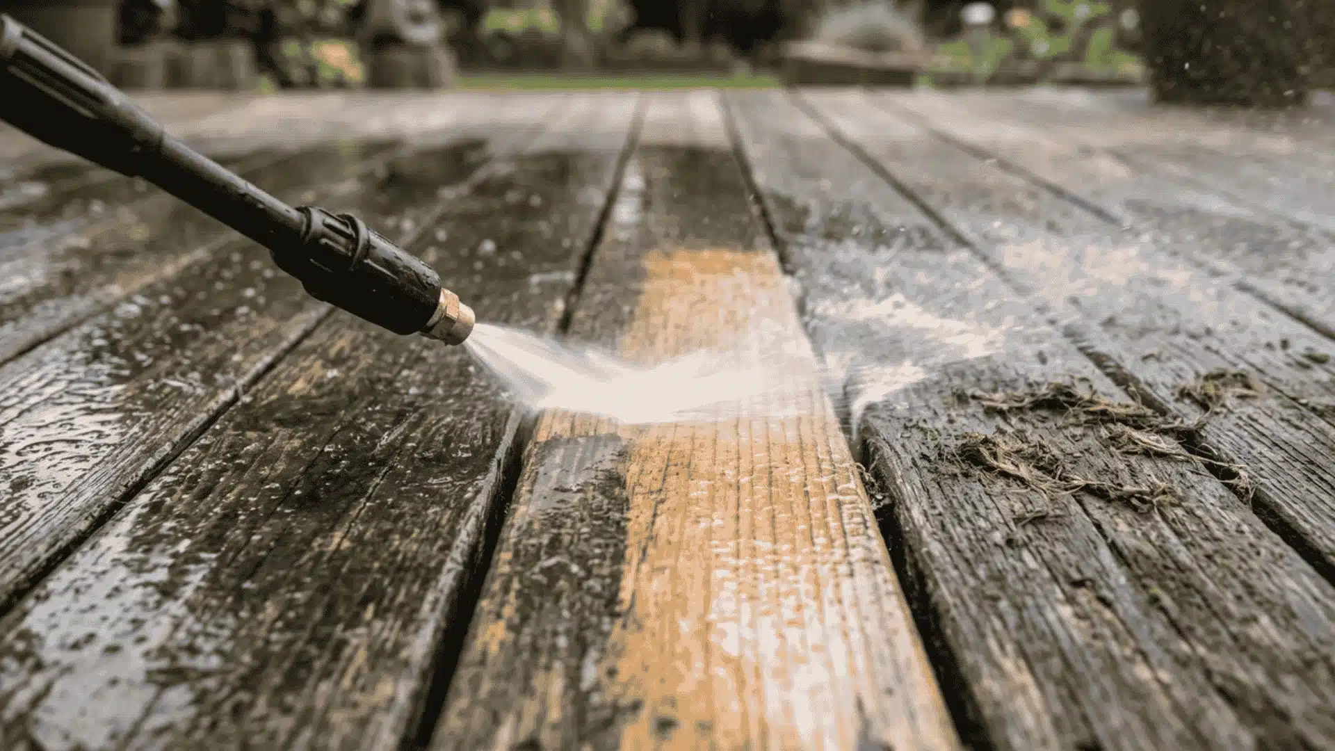 Pressure-washer nozzle cleaning grime from wooden deck boards before sealing