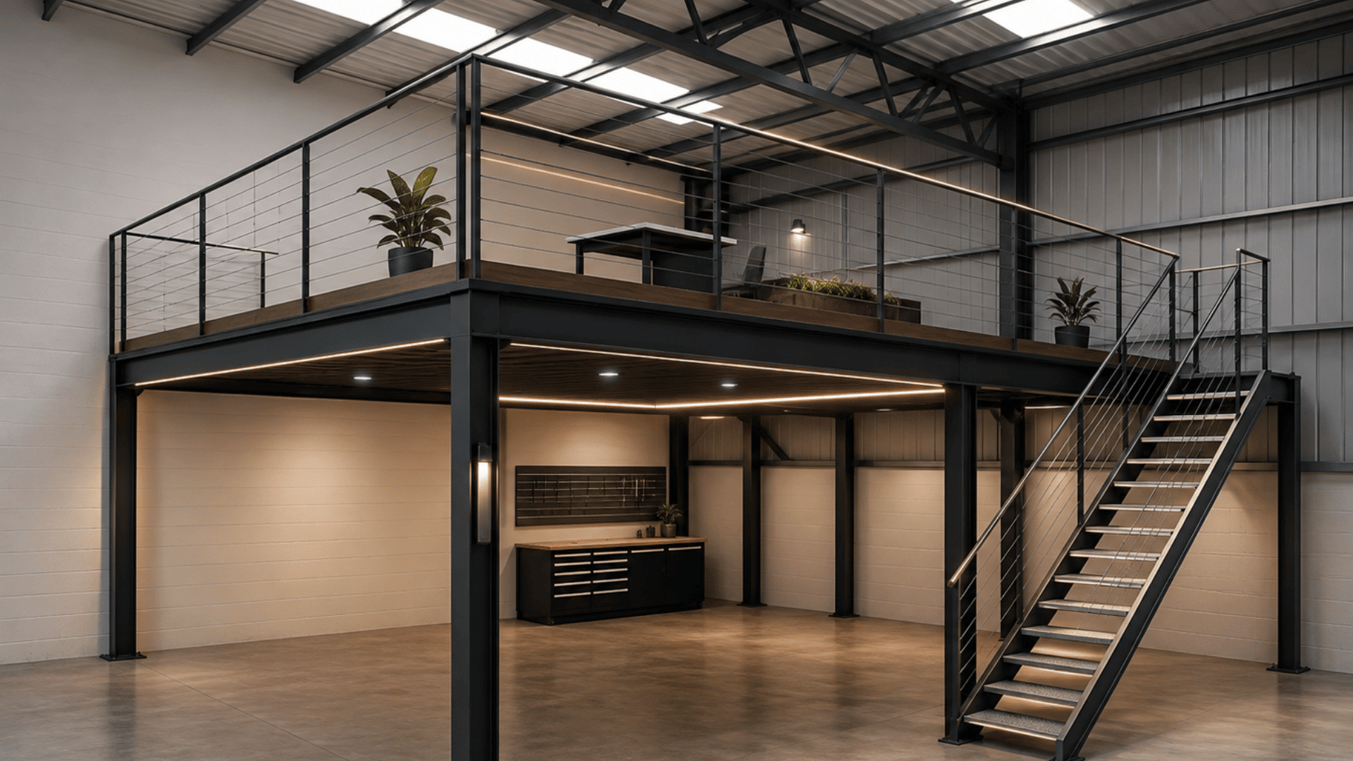 modern steel mezzanine floor with stairs and railings inside an industrial warehouse