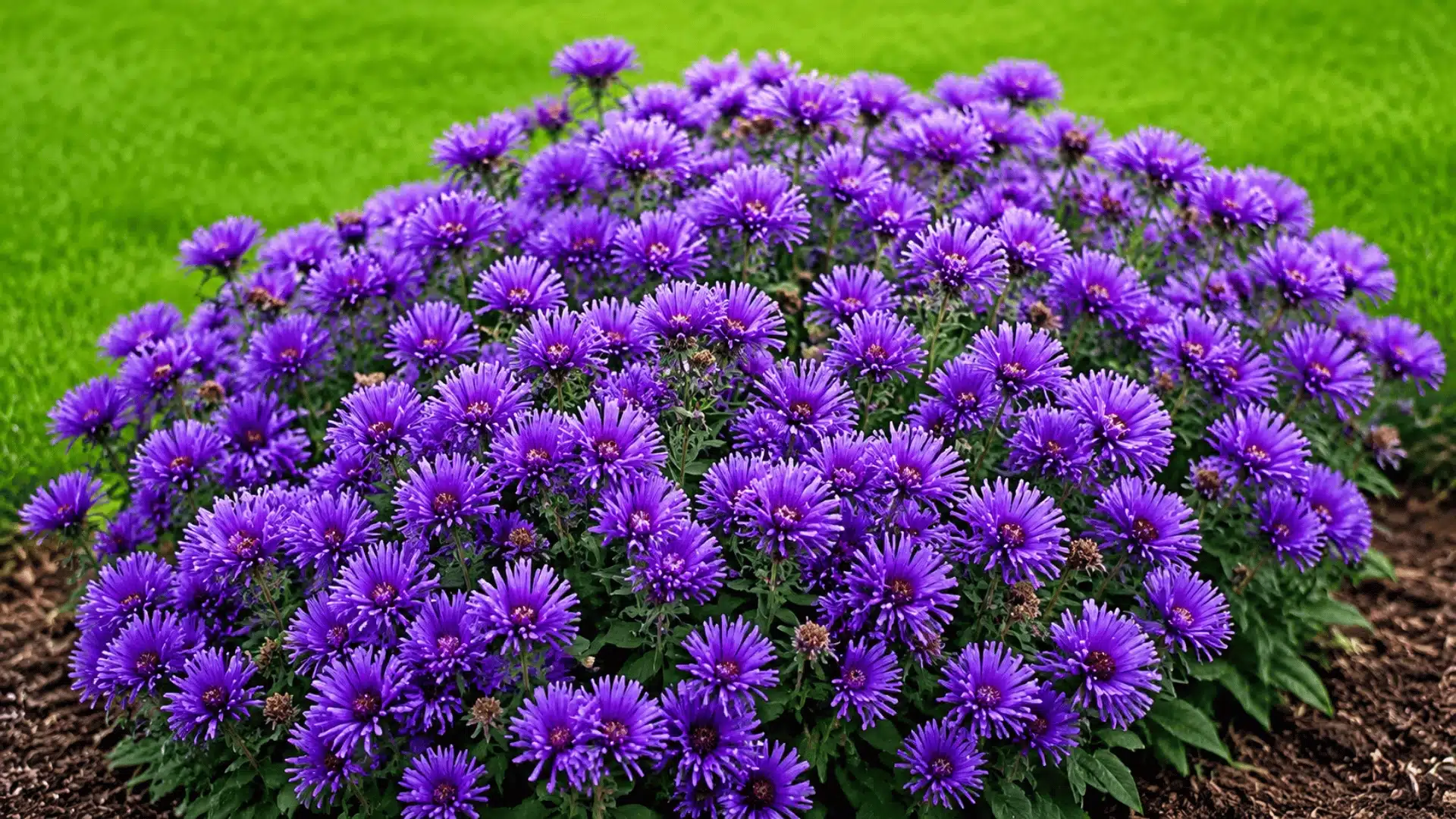Purple aster flowers blooming in a garden bed with green foliage and mulch background.