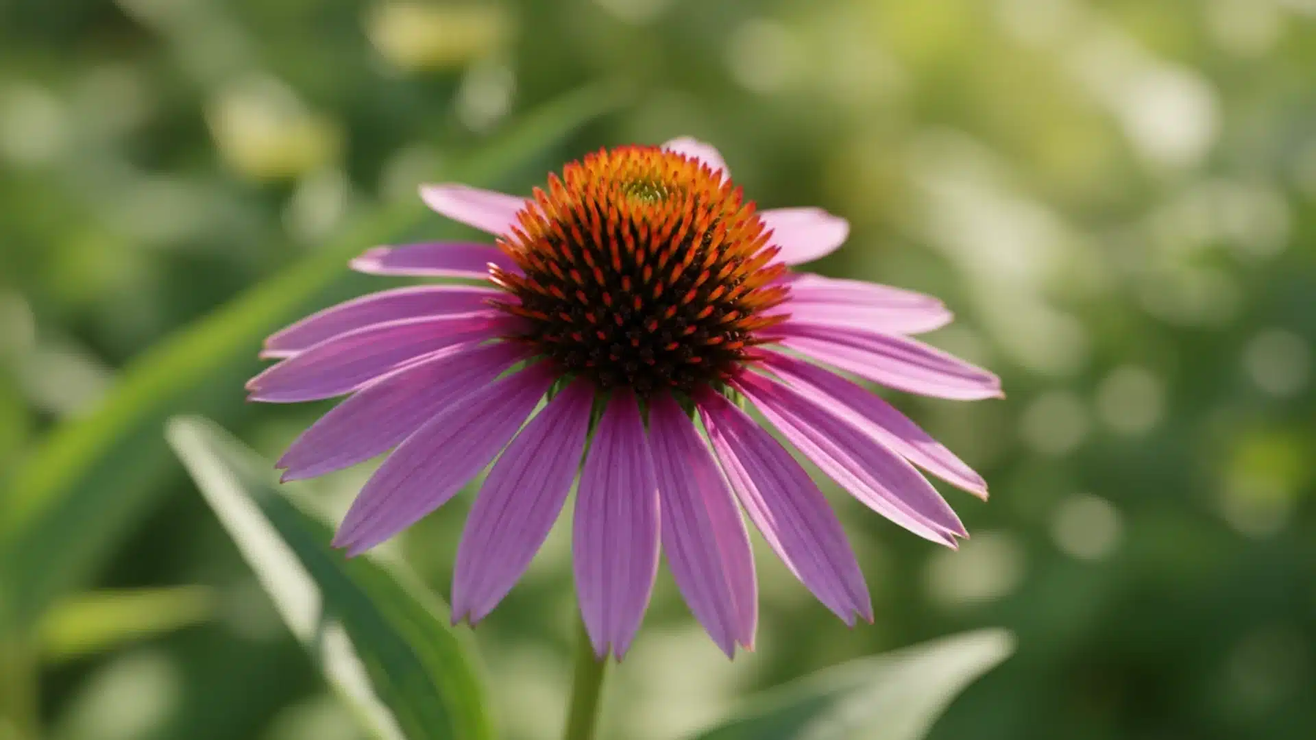 Single purple coneflower with an orange spiky center against a blurred green background.
