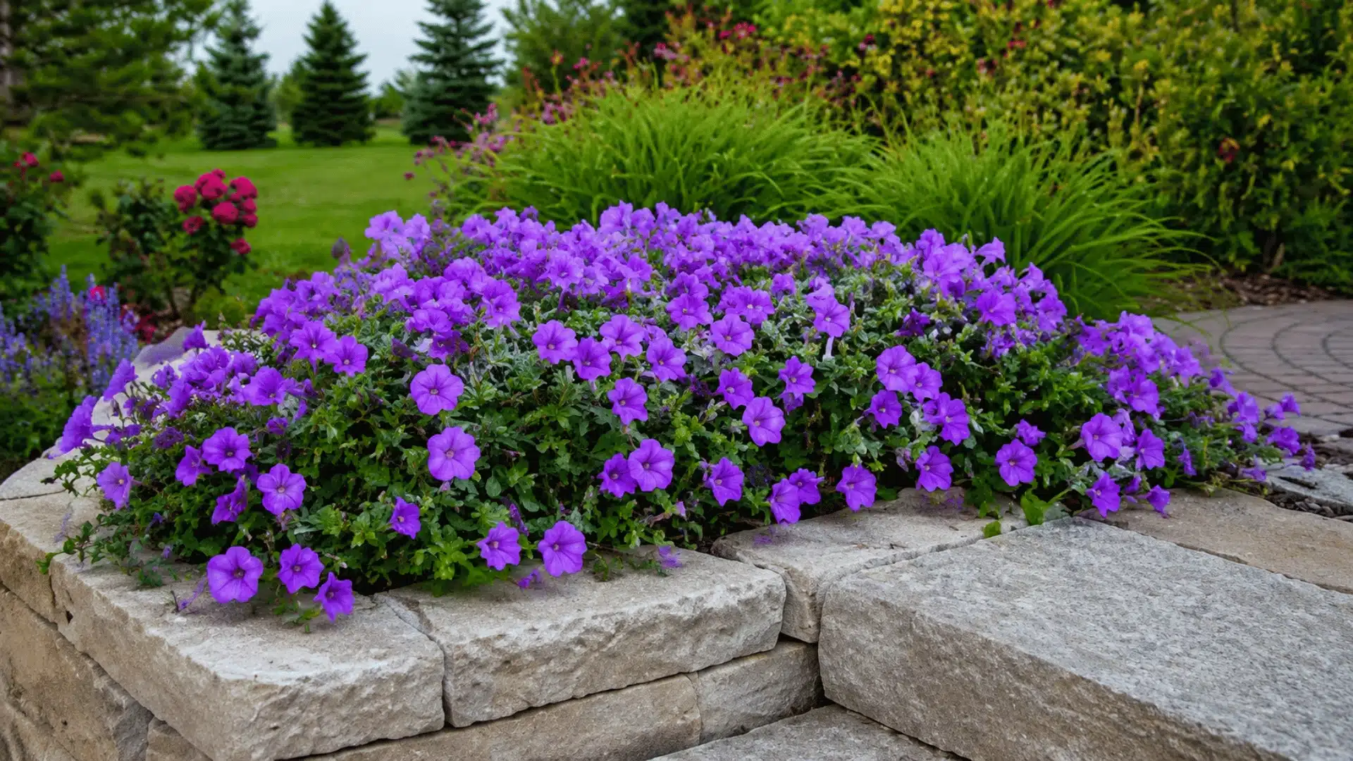 Purple flowers growing over a light gray stone retaining wall in a garden.