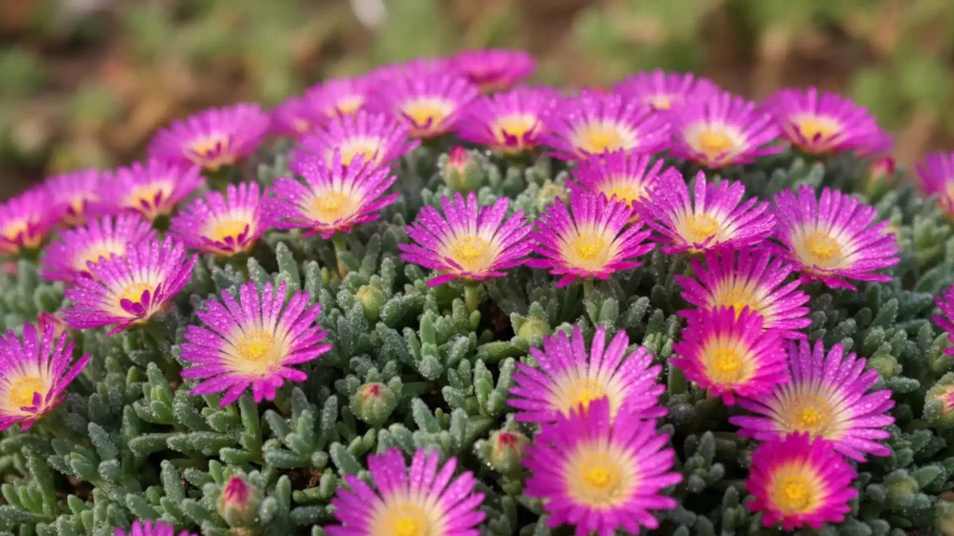 Vibrant purple ice plant flowers with yellow centers blooming over fleshy green succulent leaves.