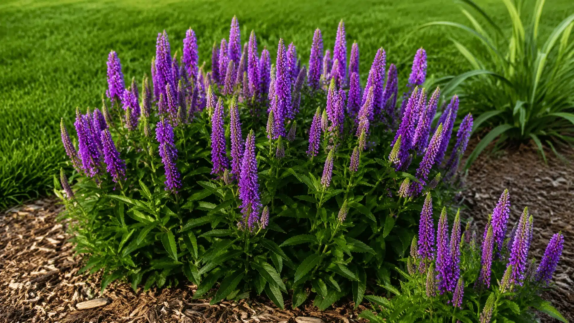 Purple spike-shaped flowers blooming in a garden bed with green leaves and mulch background.