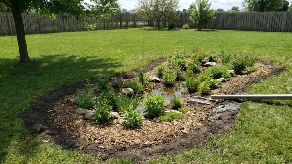 Rain garden basin with sloped sides and a downspout feeding water into it