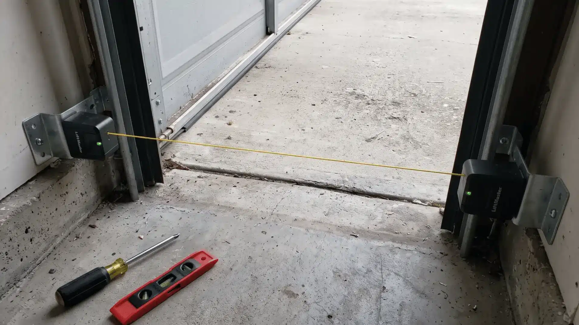 Two garage door sensors aligned with a taut string guide across the brackets near the floor