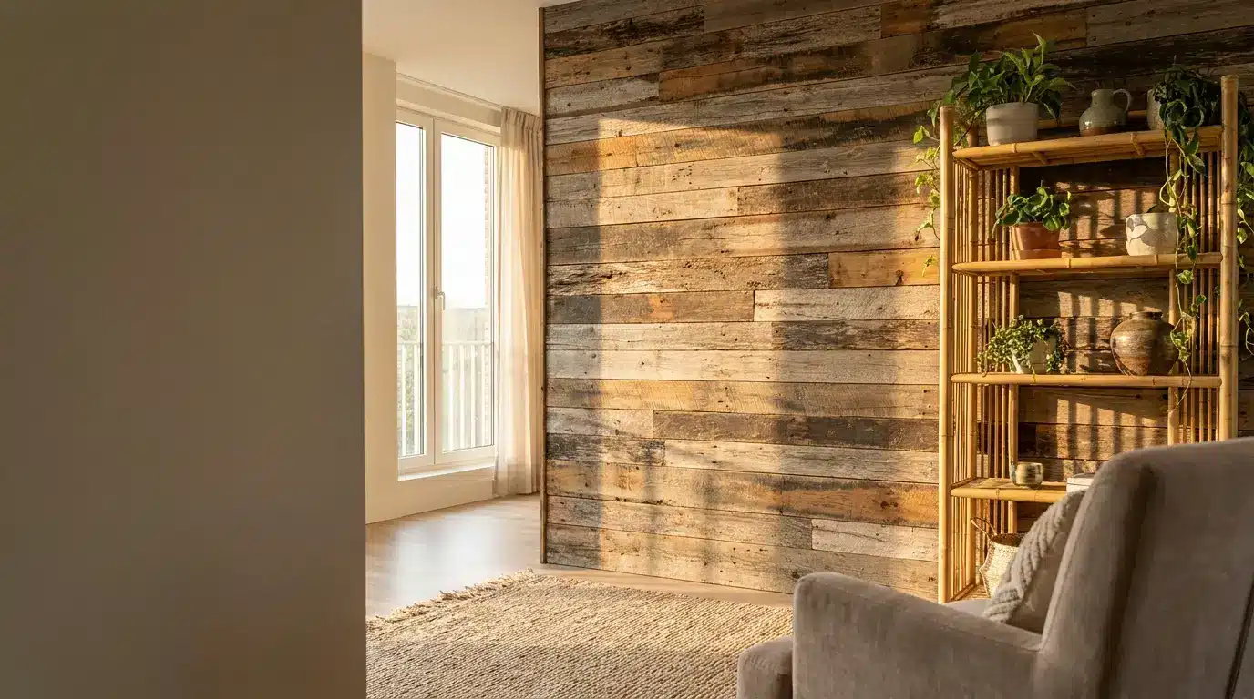 Cozy living room with rustic wooden wall, rattan shelves, and potted plants in warm light