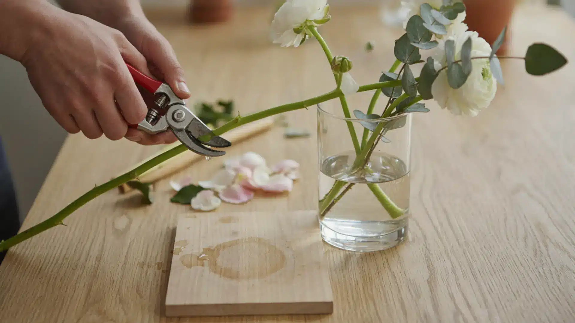 Flower stems receiving a fresh angled cut during care