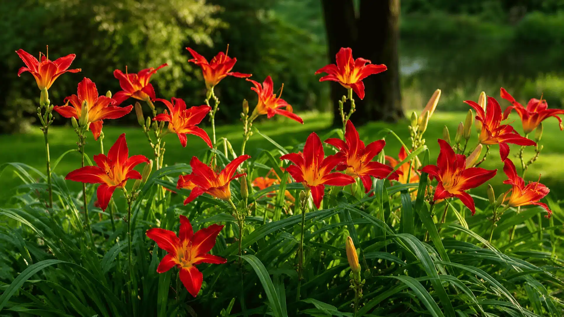Red daylily flowers blooming with green leaves in a garden landscape.