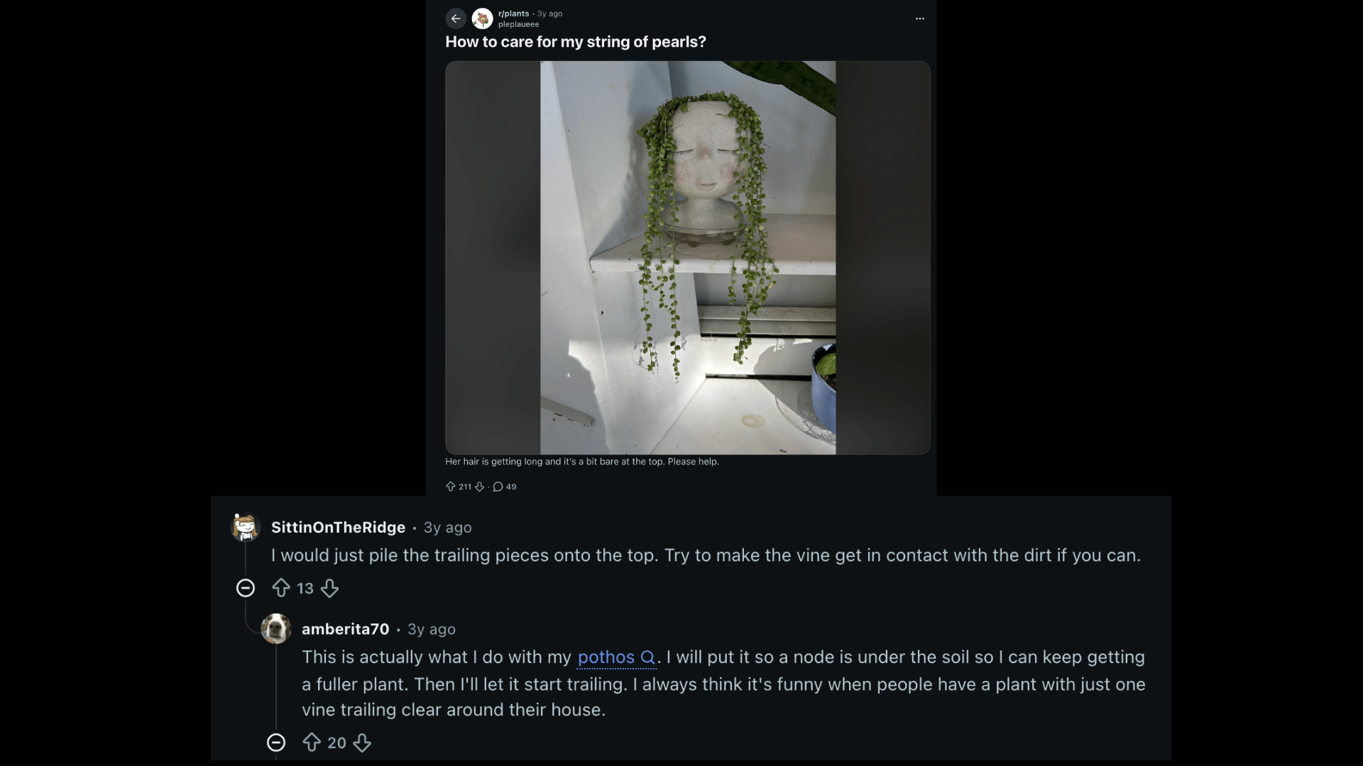 reddit post showing a string of pearls plant in a face shaped pot with comments sharing tips for fuller trailing growth