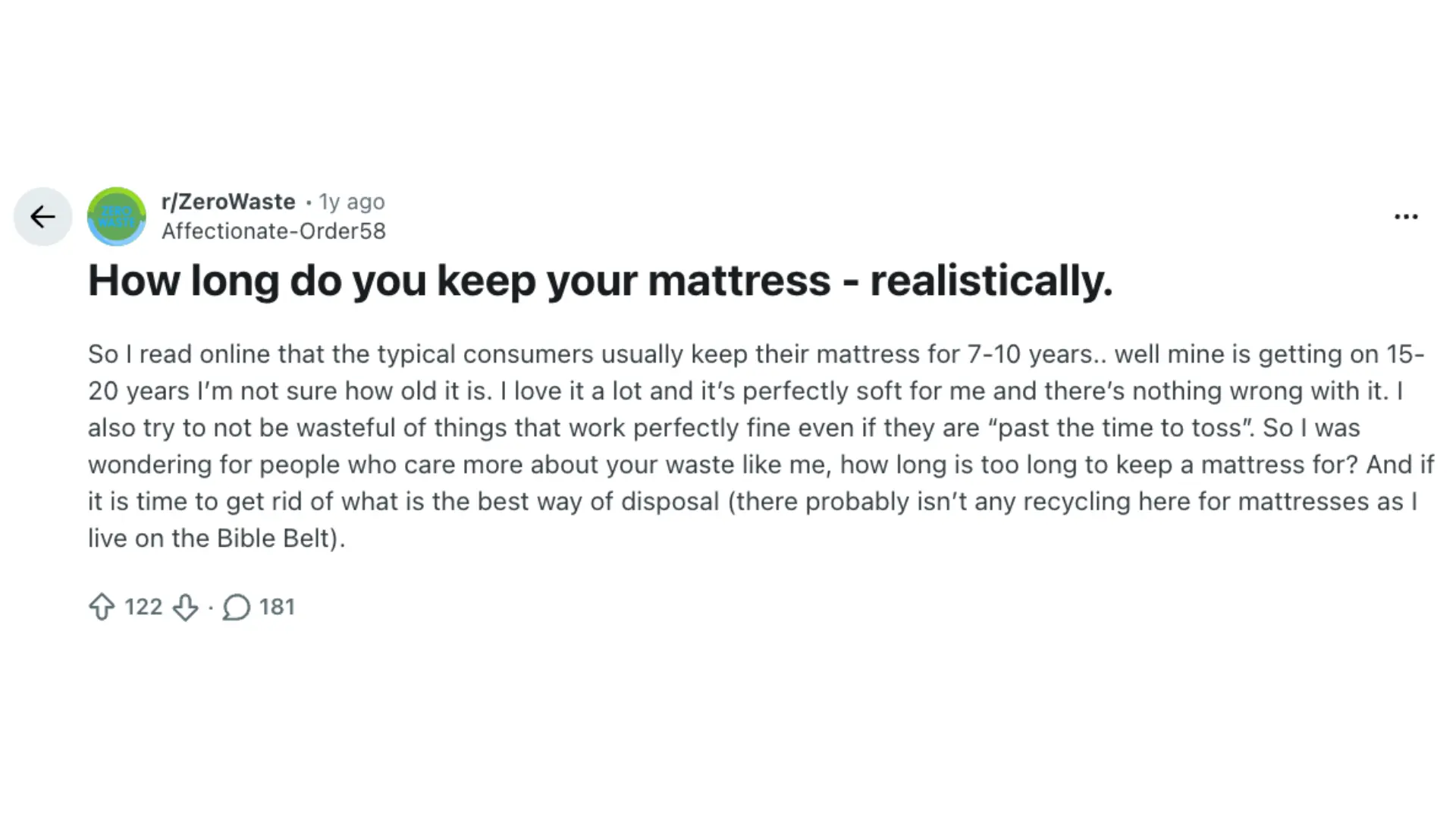 reddit rzerowaste post asking how long people realistically keep a mattress before disposal