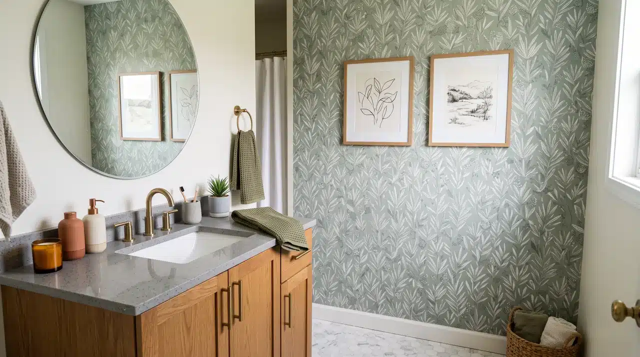 Bathroom wall updated with wallpaper and artwork for a fresh look.