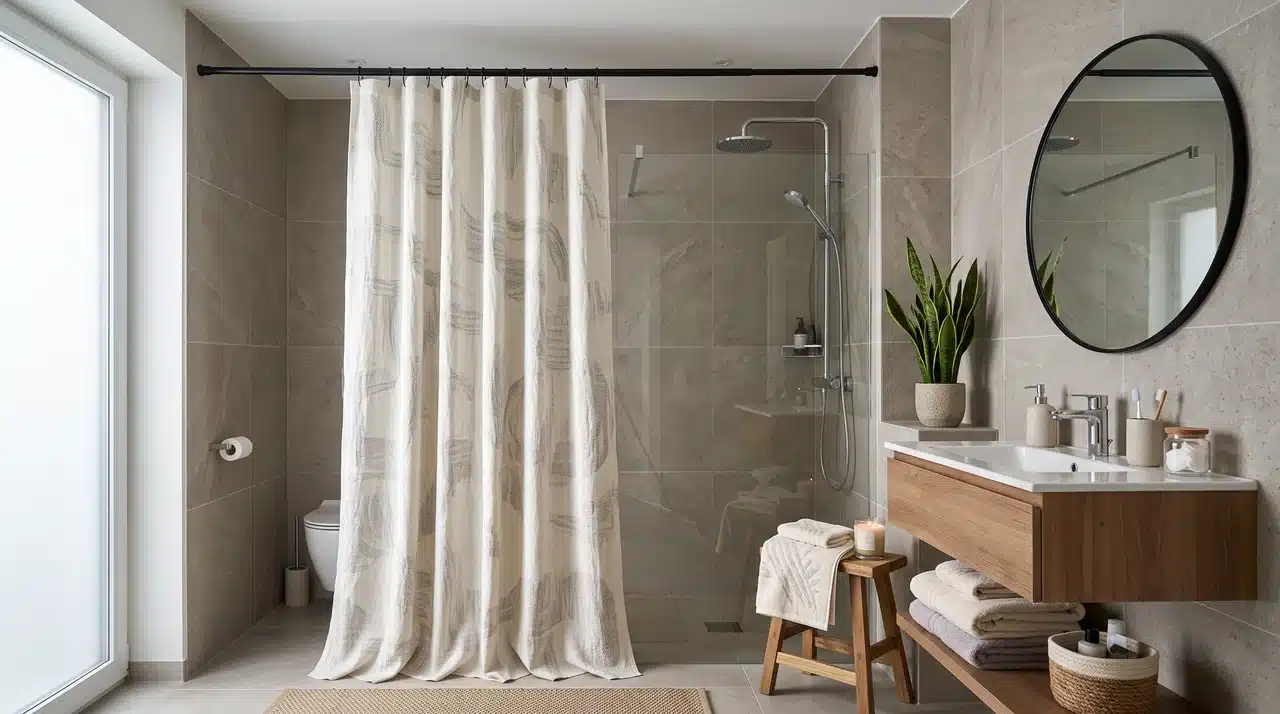 Bathroom with a full-length patterned shower curtain creating a taller and refreshed look.