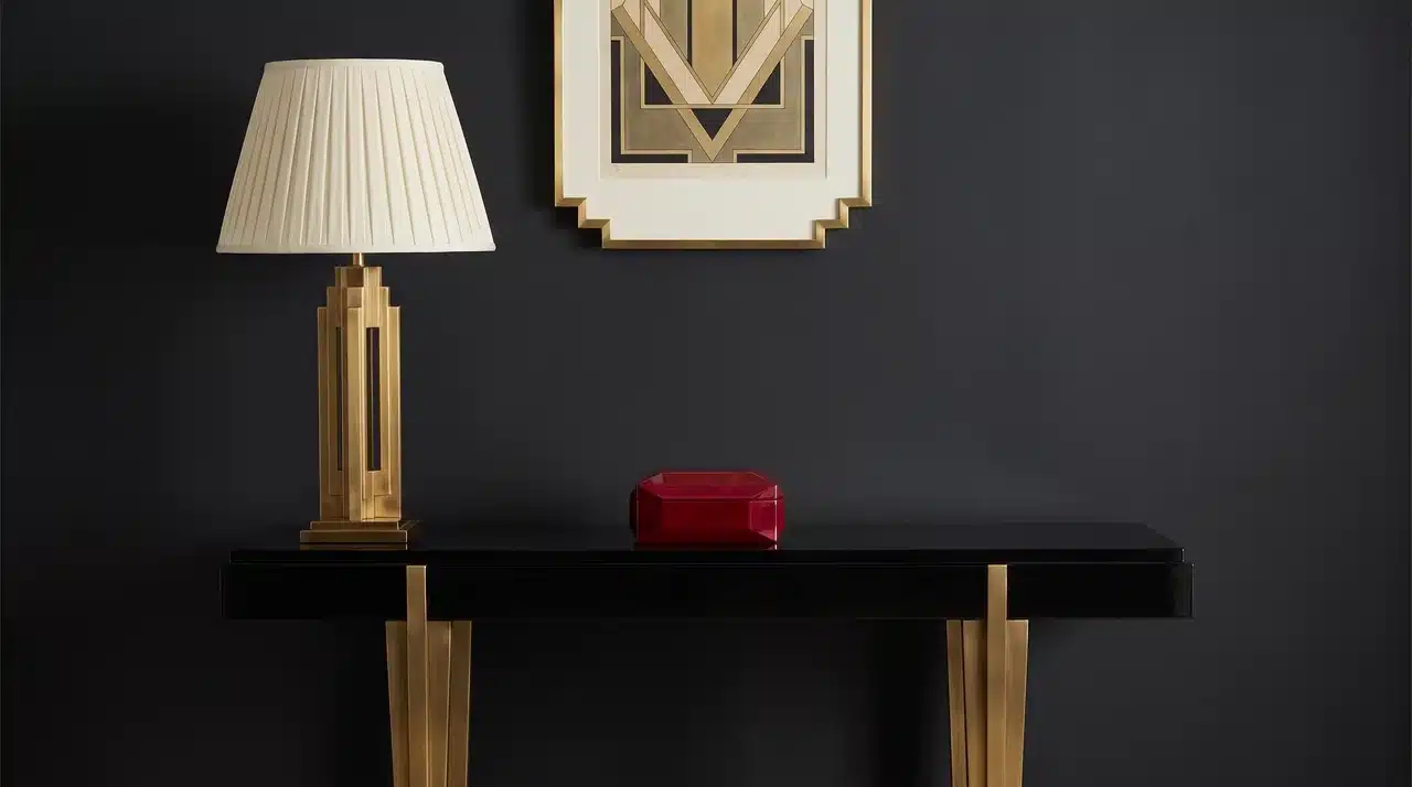Art Deco black lacquered console table with brass lamp, ruby lacquered box and geometric framed print styled symmetrically
