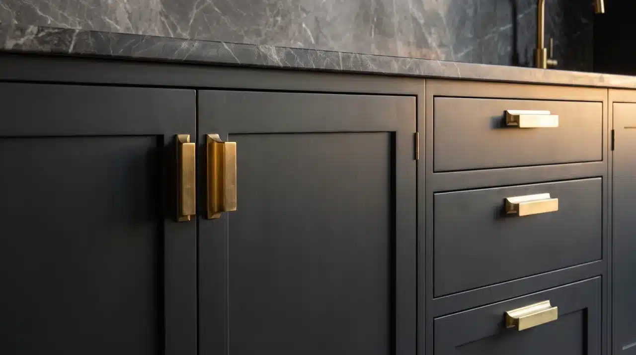 Solid geometric brass cabinet handles on charcoal cabinetry with grey veined marble countertop