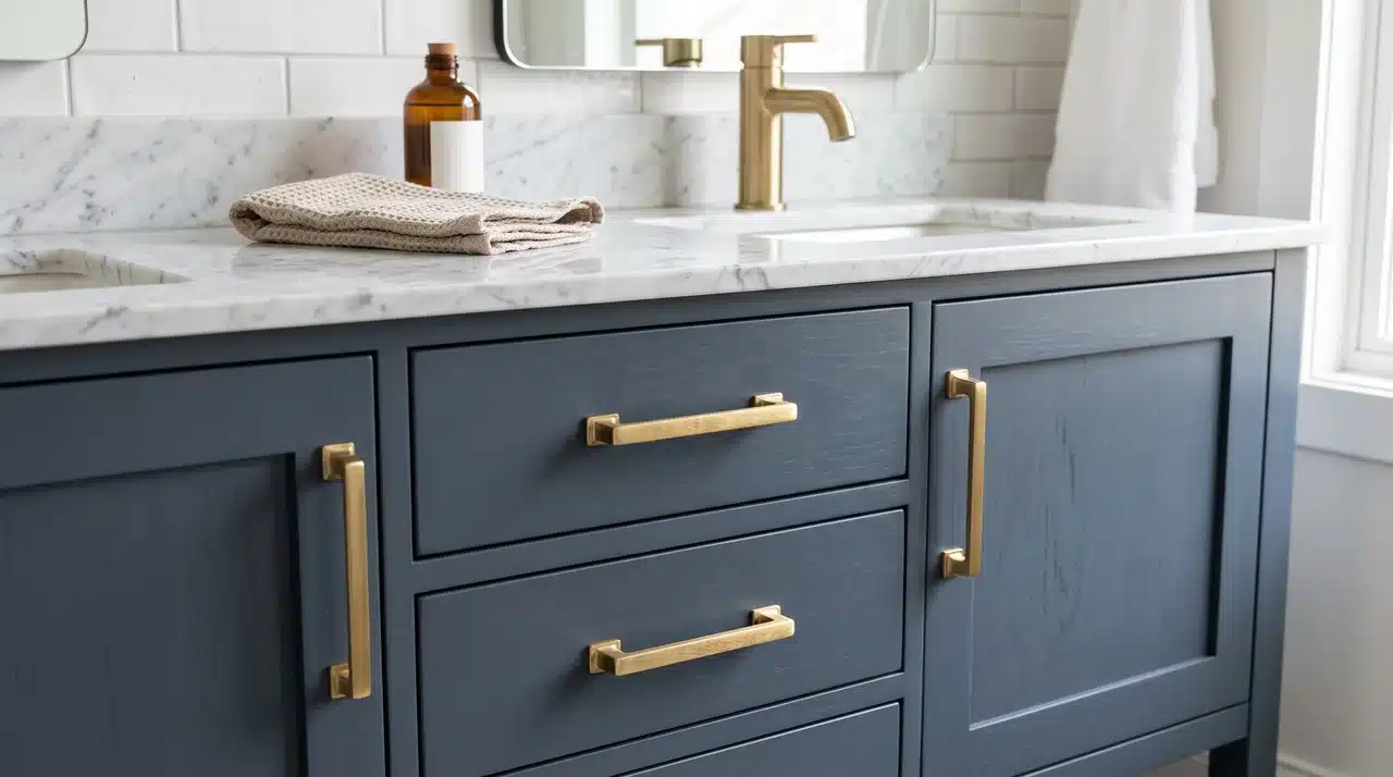 Bathroom vanity with updated cabinet hardware and modern finishes.
