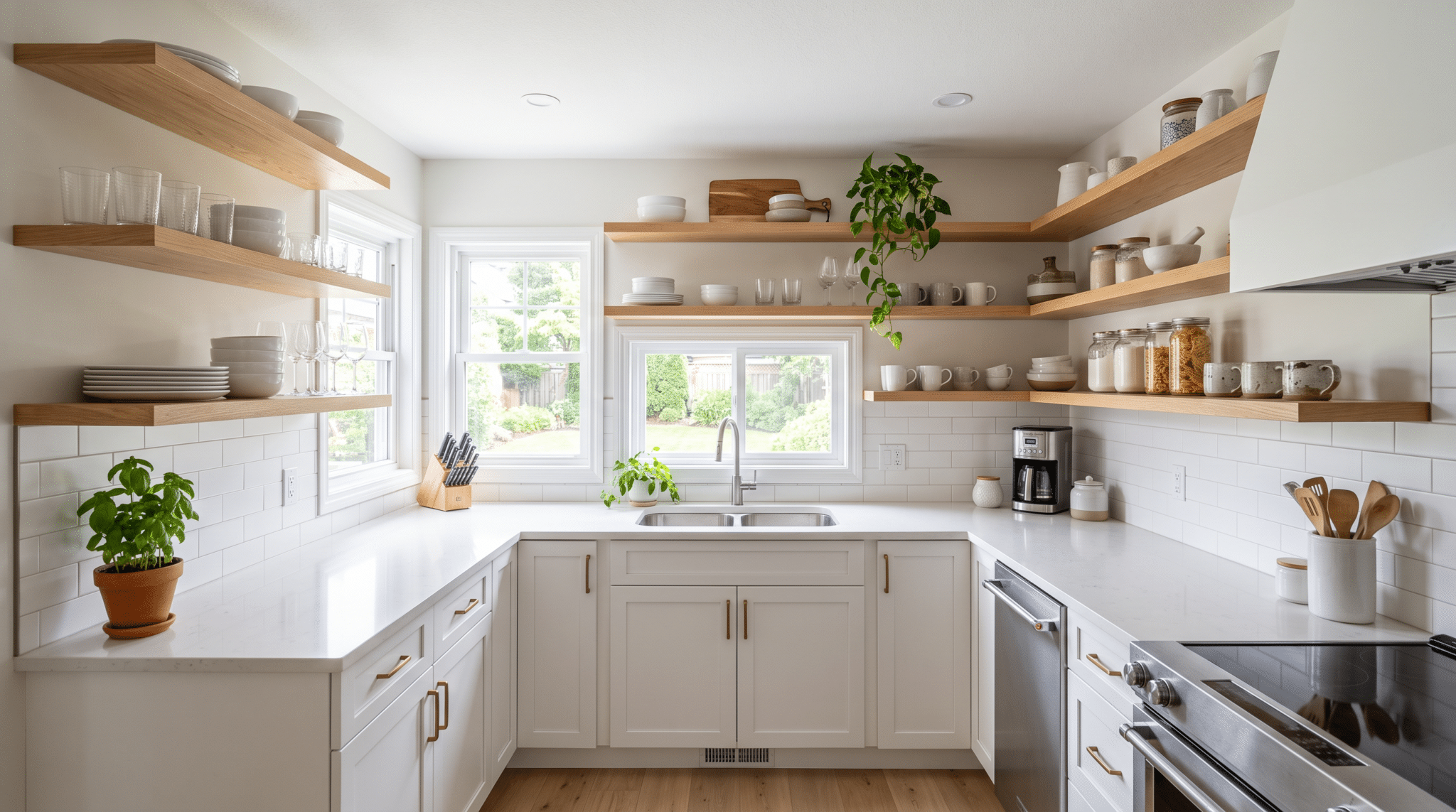 U-shaped kitchen with open shelves creating a lighter and more open feel