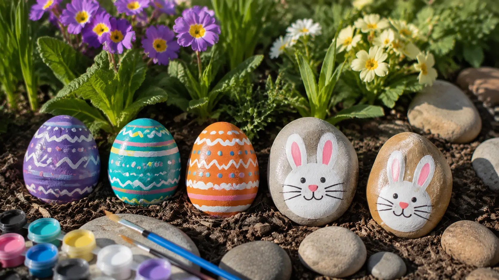 Painted Easter rocks used as garden markers