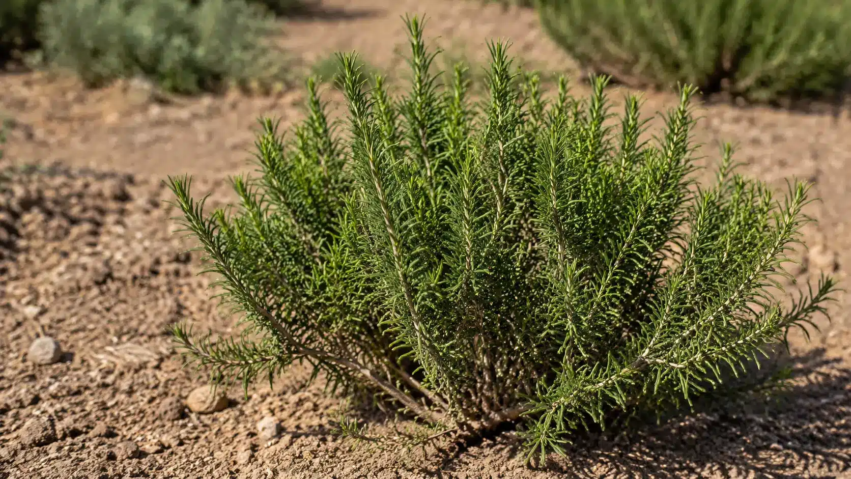Rosemary plant with woody stems growing in dry, well-draining soil.