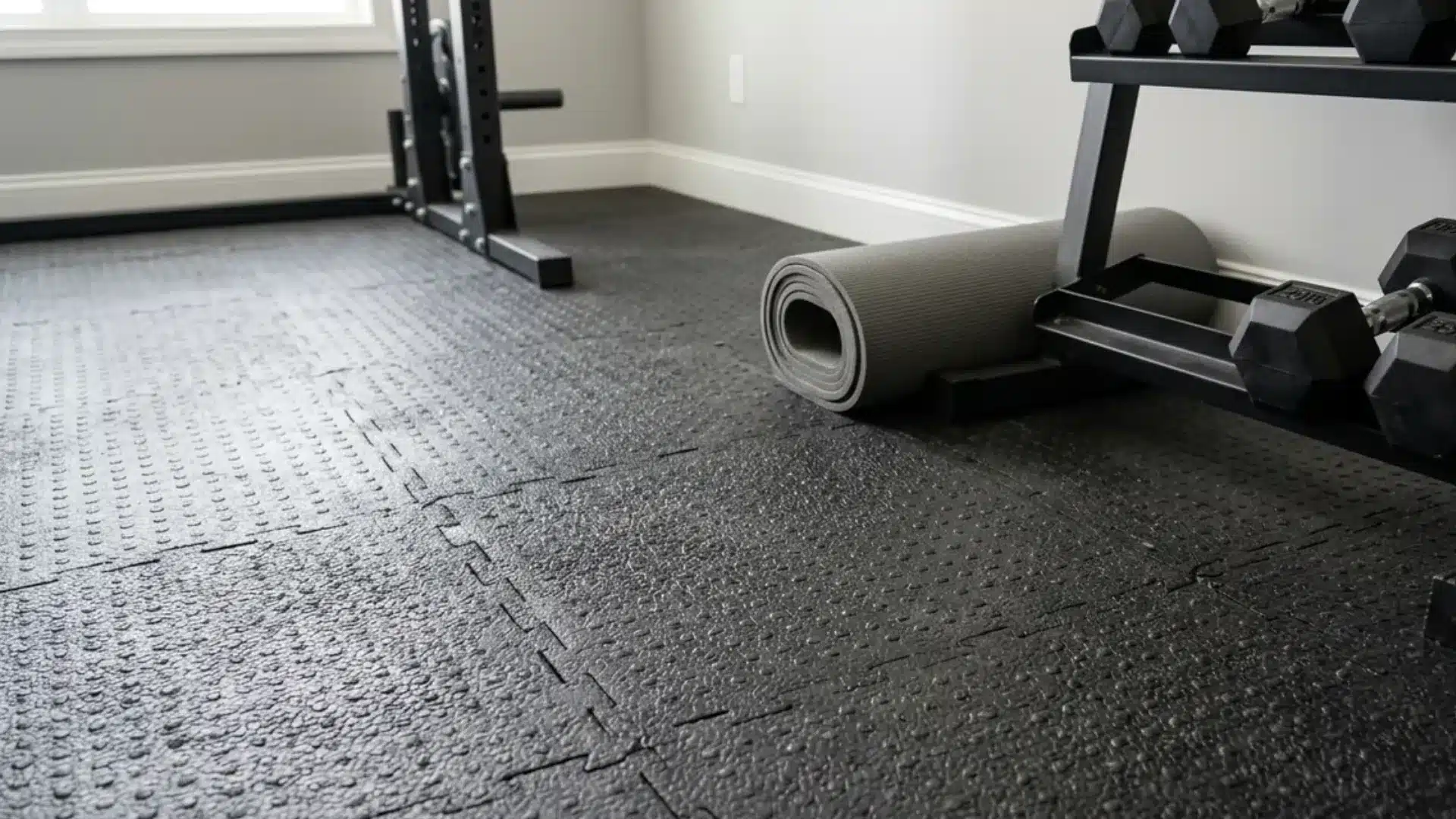 textured black rubber flooring tiles installed in a home gym near dumbbells and mat