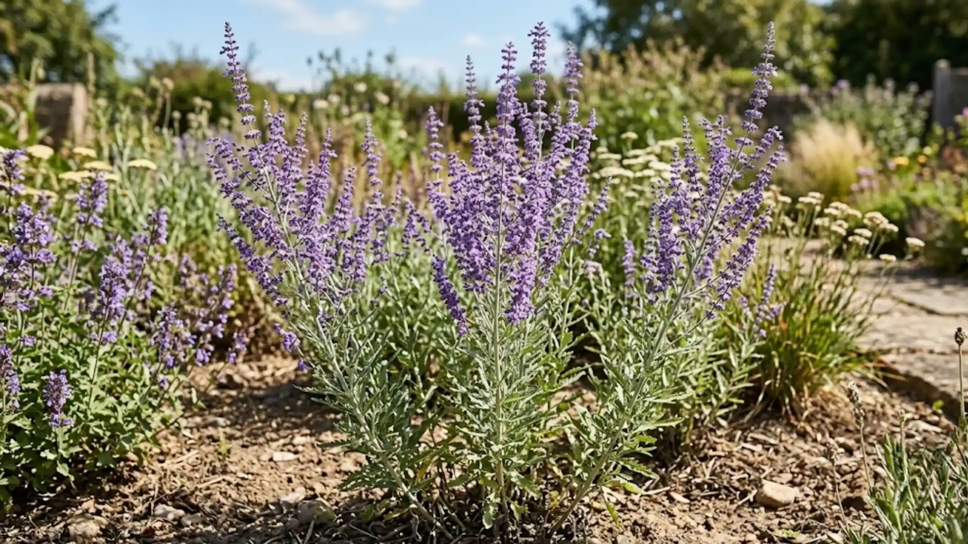 Tall russian sage stems with small purple flower spikes and silvery green foliage outdoors