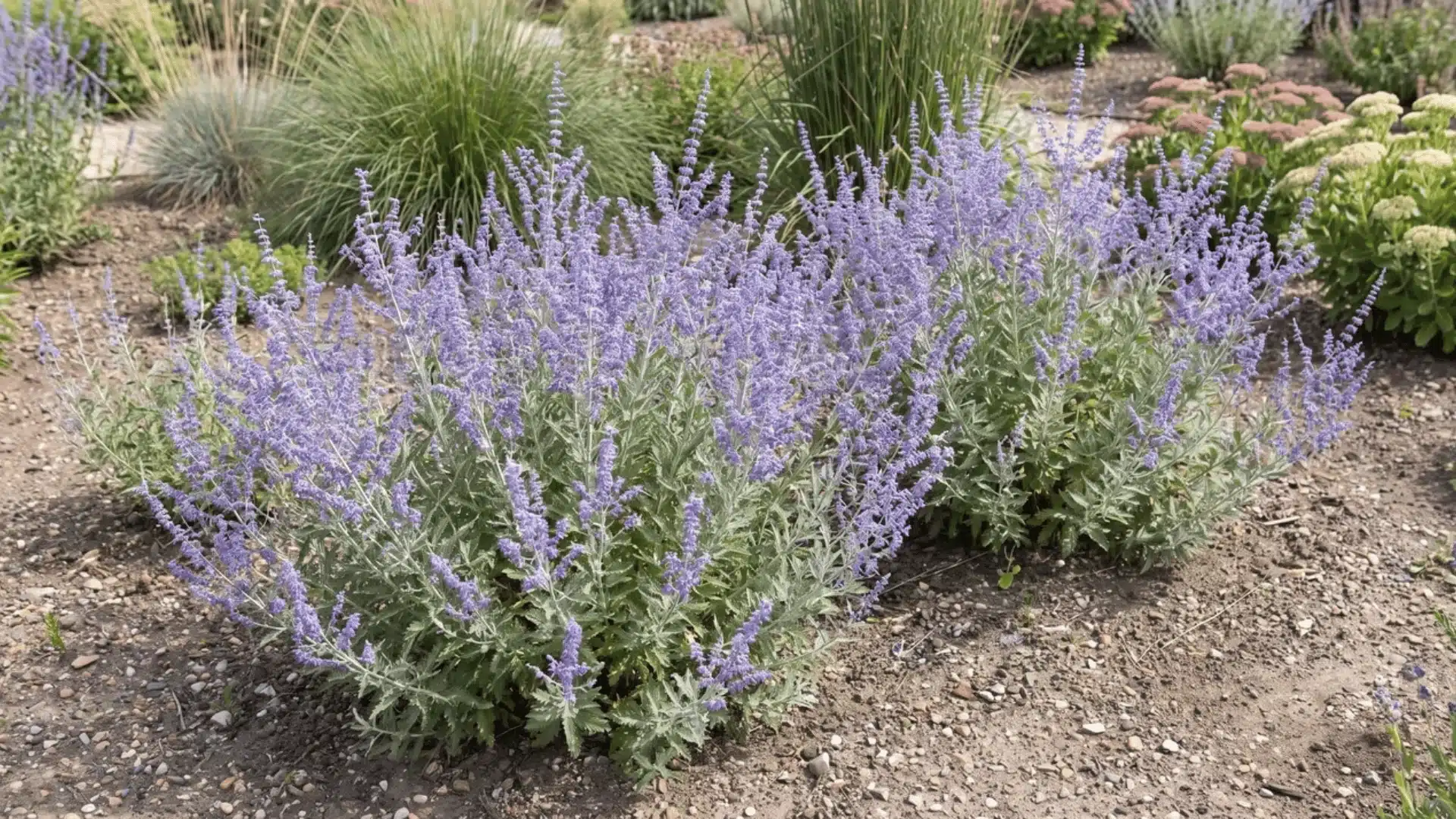 Russian Sage plant with lavender-blue flowers and silver foliage