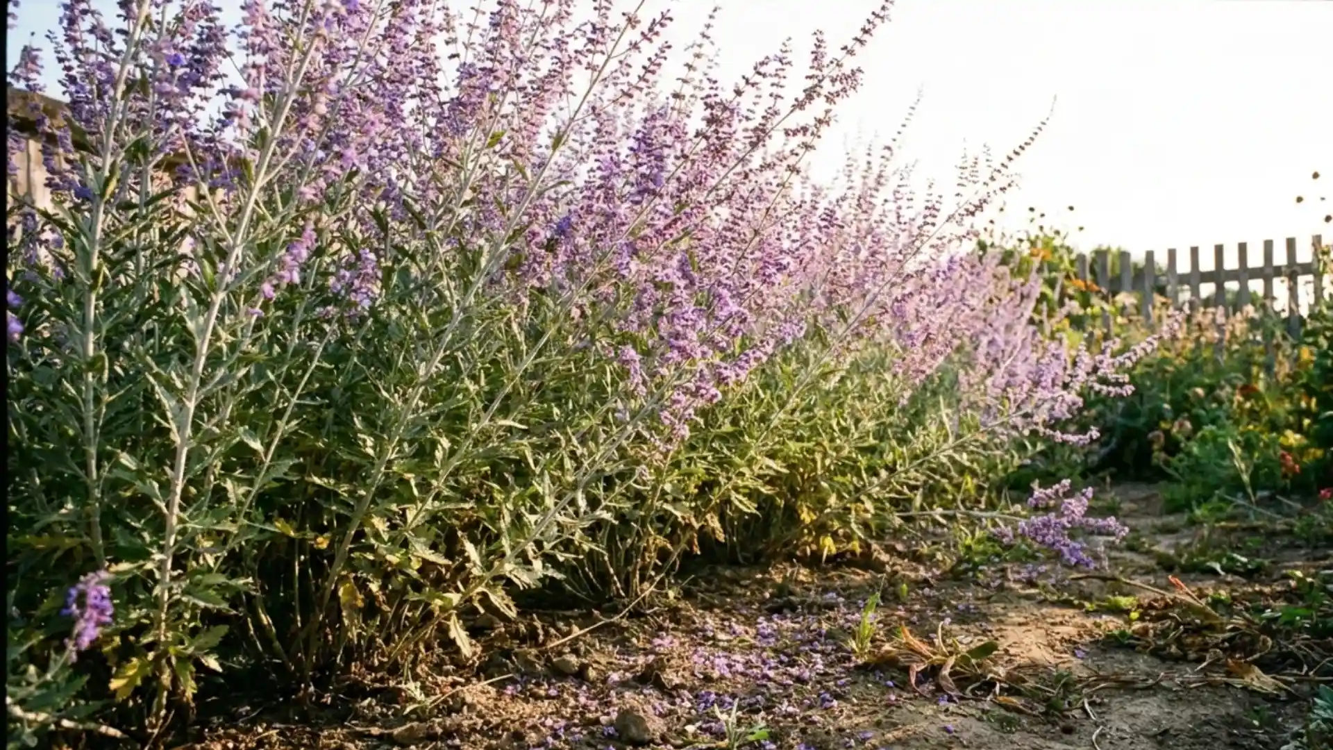 Russian sage with silvery stems and purple blooms in a backyard bed