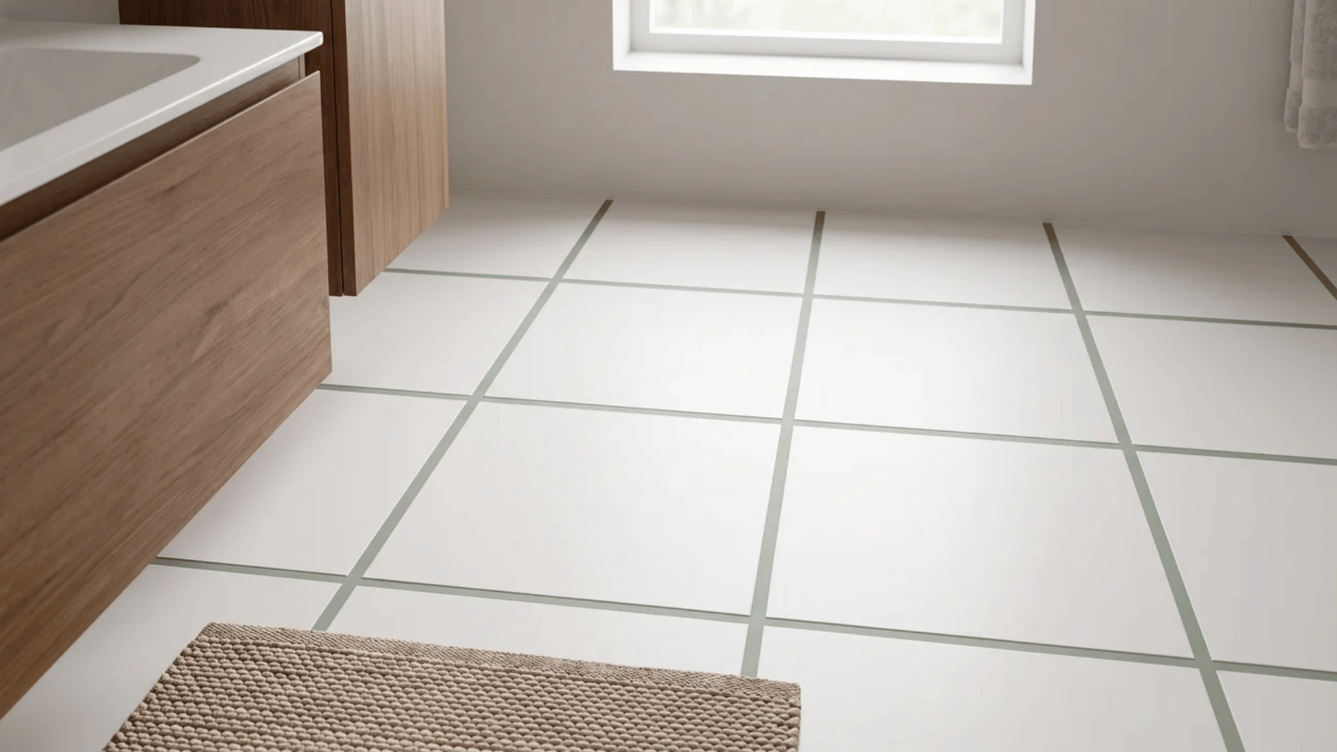 White bathroom floor tiles with sage green grout