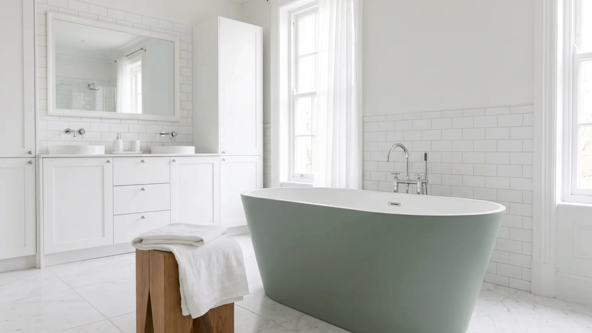 Sage green freestanding bathtub in white bathroom