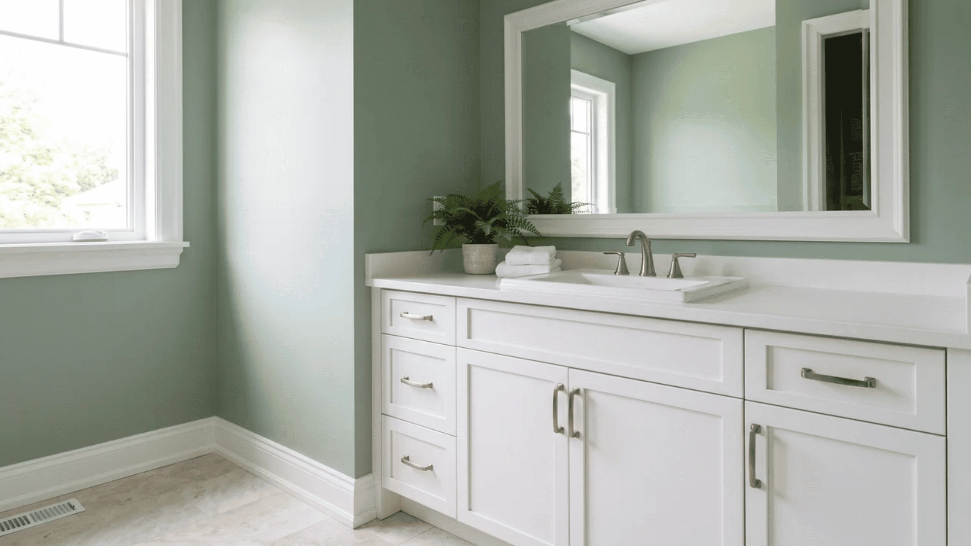 Sage green bathroom walls with white shaker cabinets and brass hardware