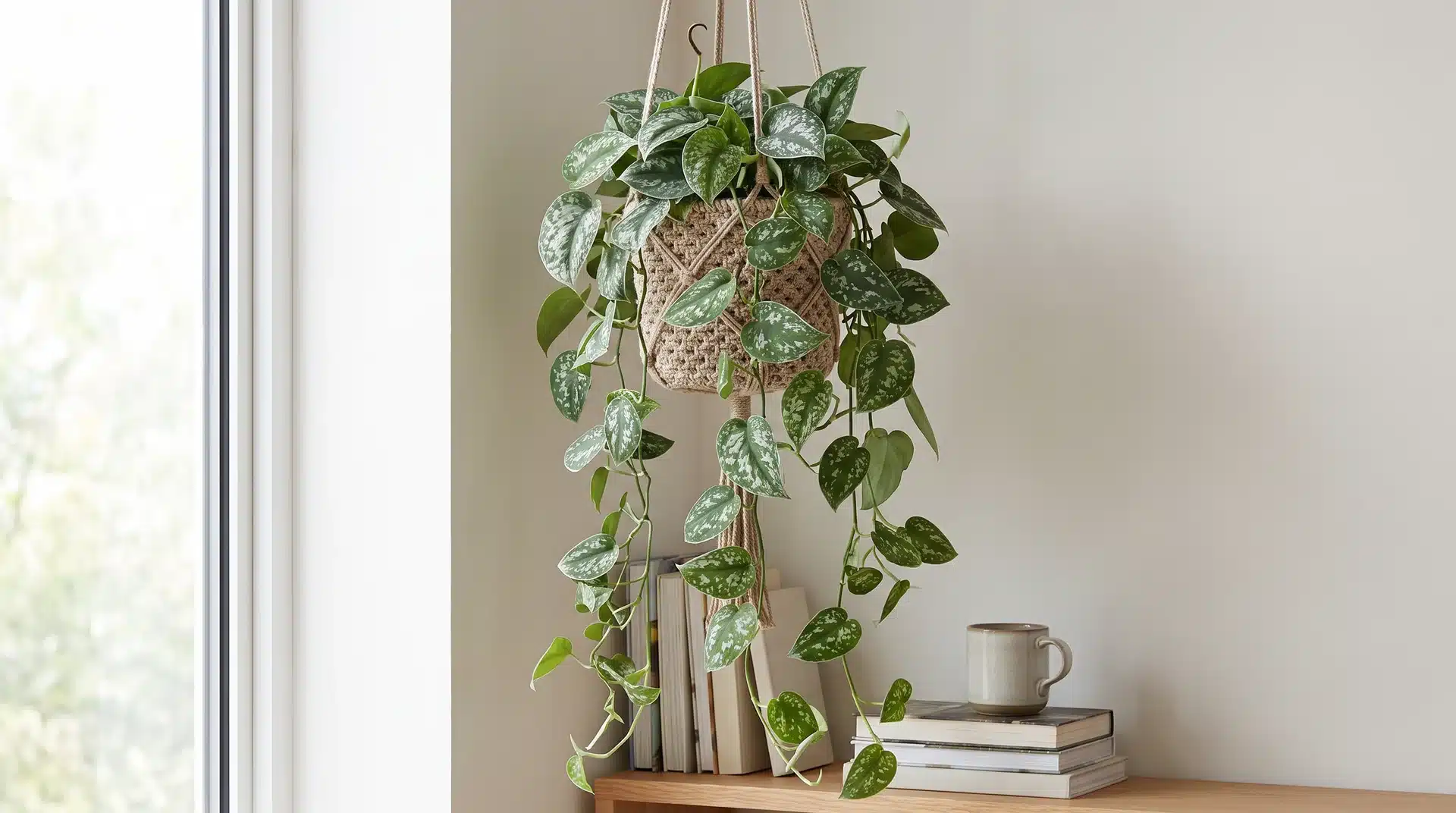 Satin pothos with silver-marked green leaves and trailing vines in a hanging basket.