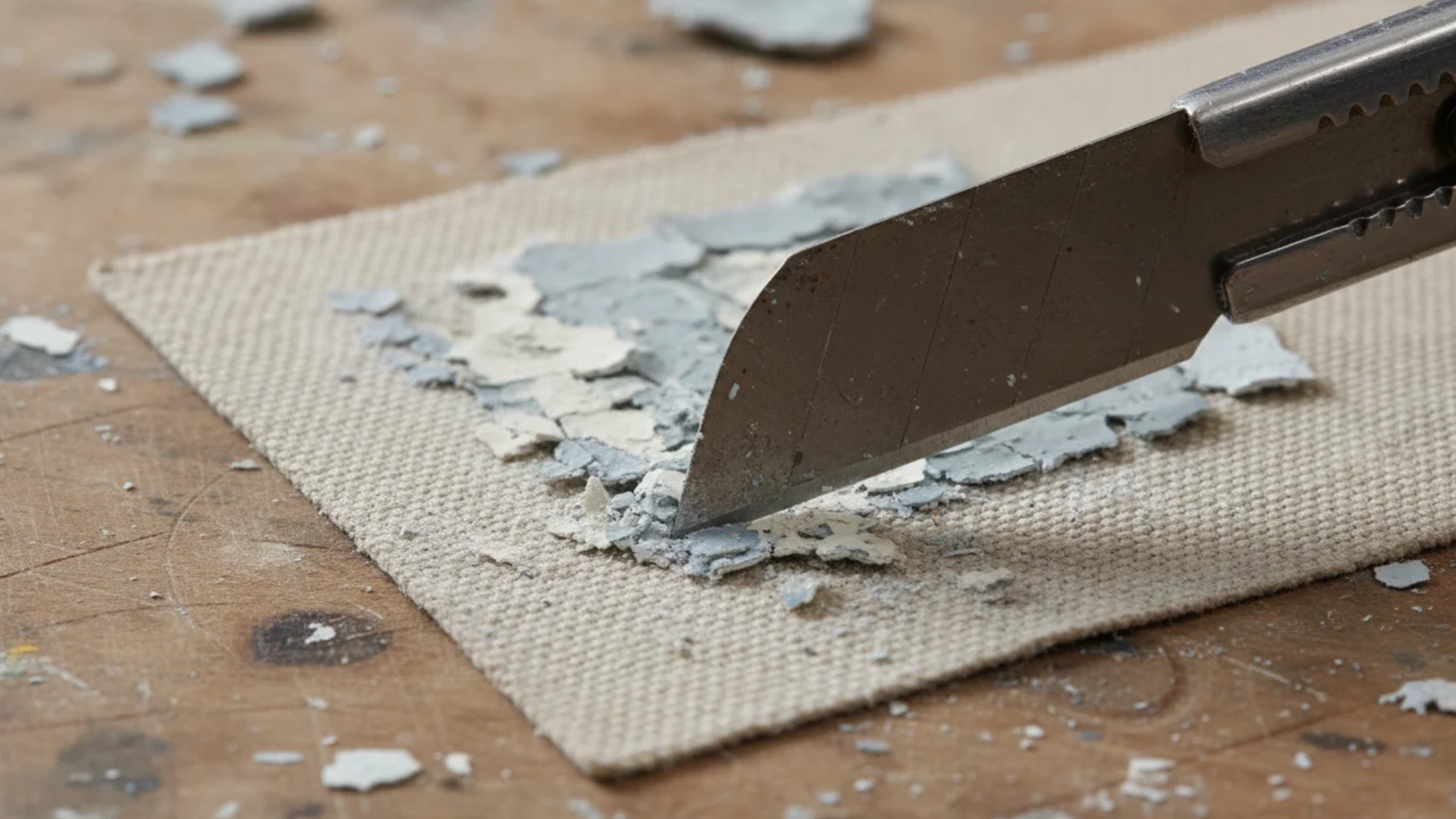 A utility knife scraping off dried, flaky gray paint from a canvas sheet.