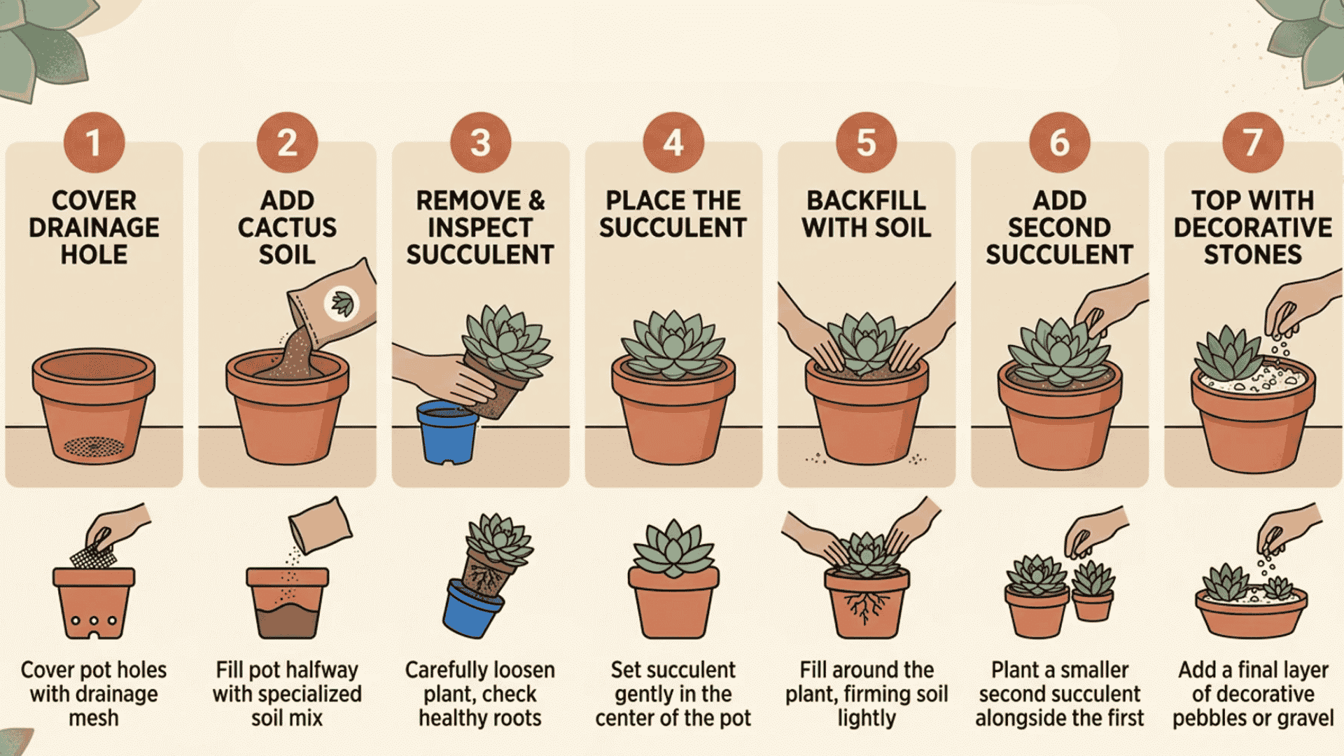Seven-step infographic for potting a succulent