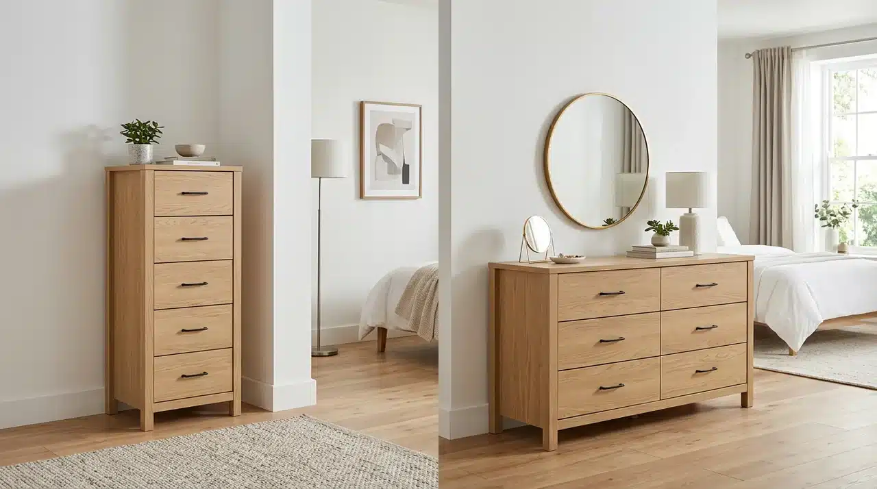 Chest of drawers and dresser showing tall vertical and wide horizontal storage designs in a bedroom.