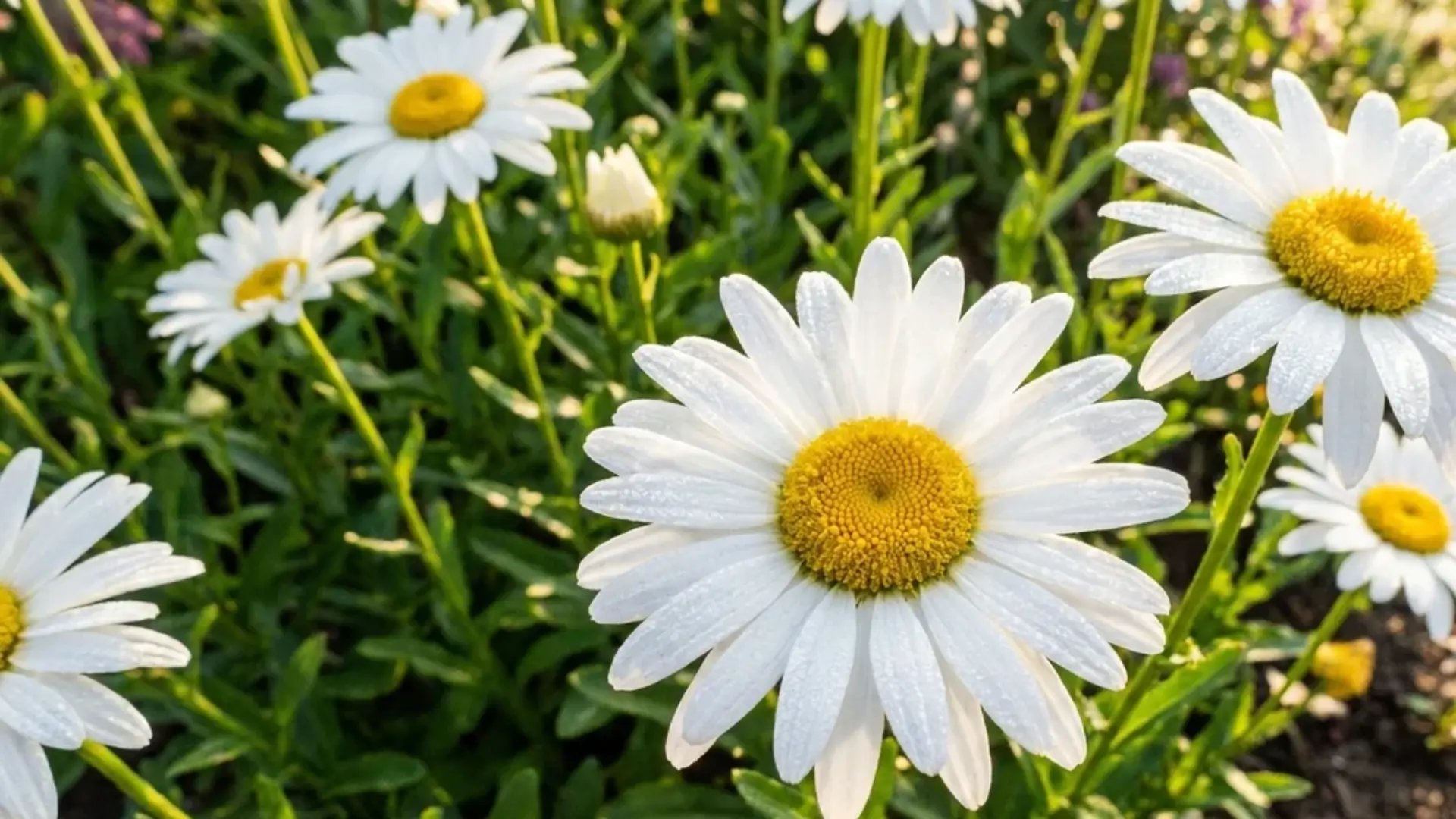 White shasta daisy flowers with bright yellow centers growing in a sunny garden border