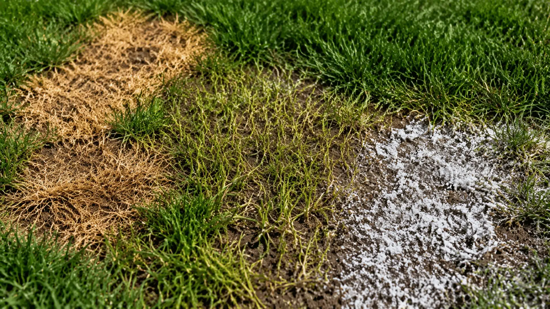 Lawn grass with brown patches, yellowing areas, and white fertilizer crust on soil surface