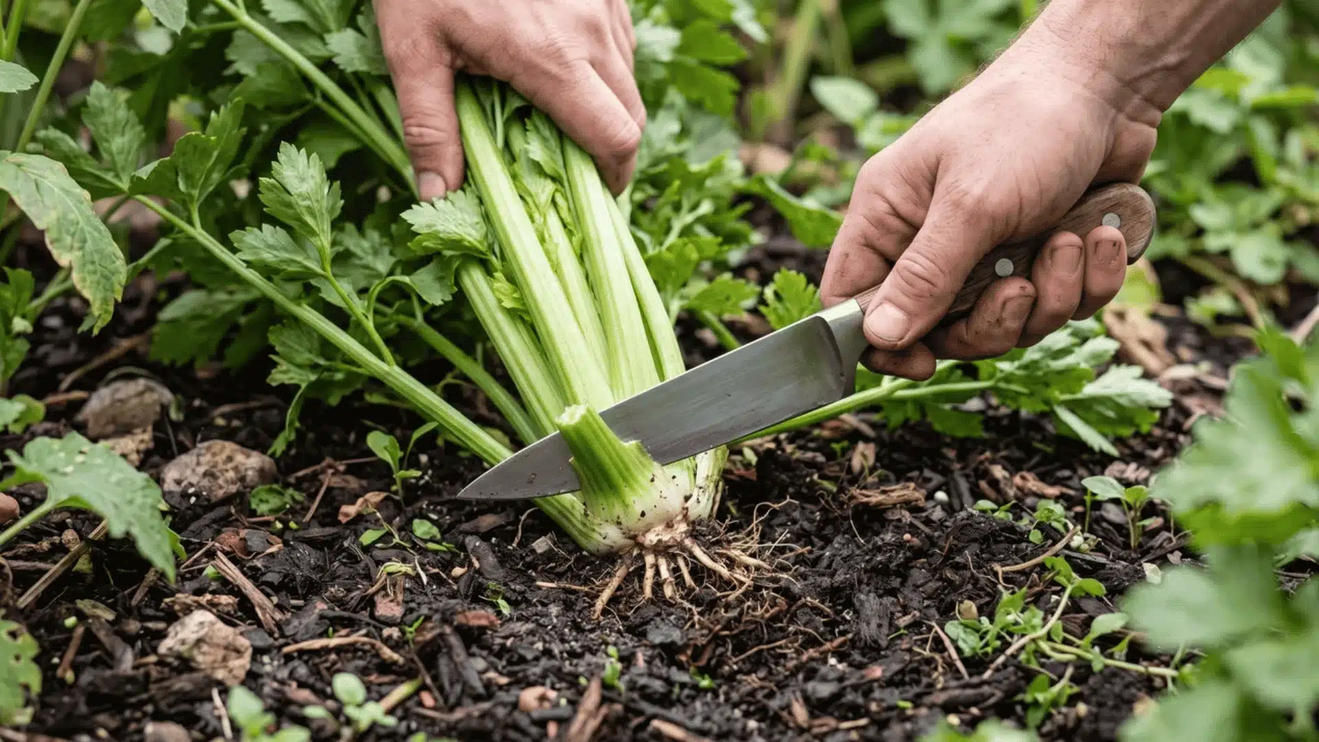 Hand slicing a celery plant at its base just above soil level