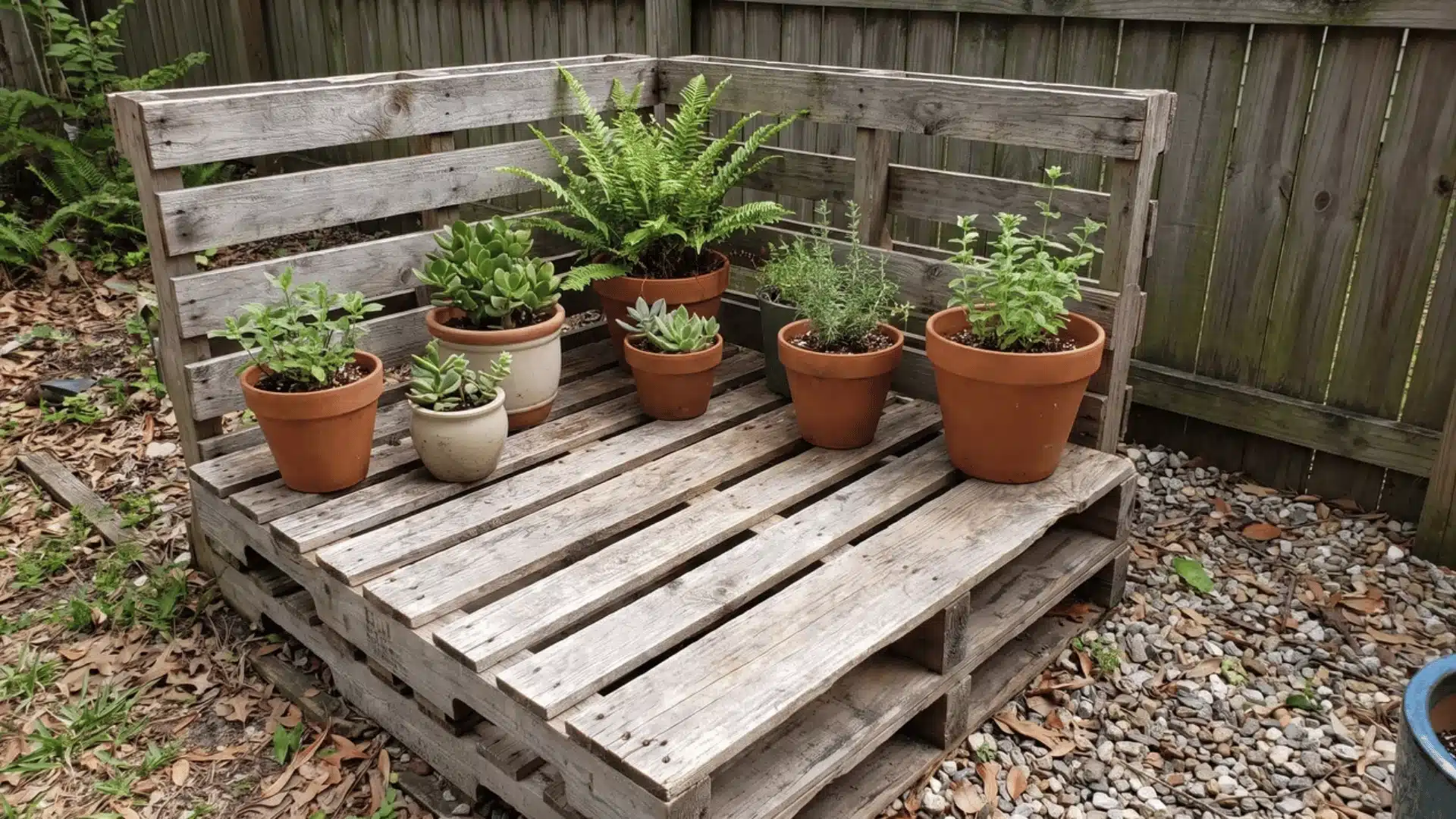 Small backyard platform made from clean wooden pallets with potted plants