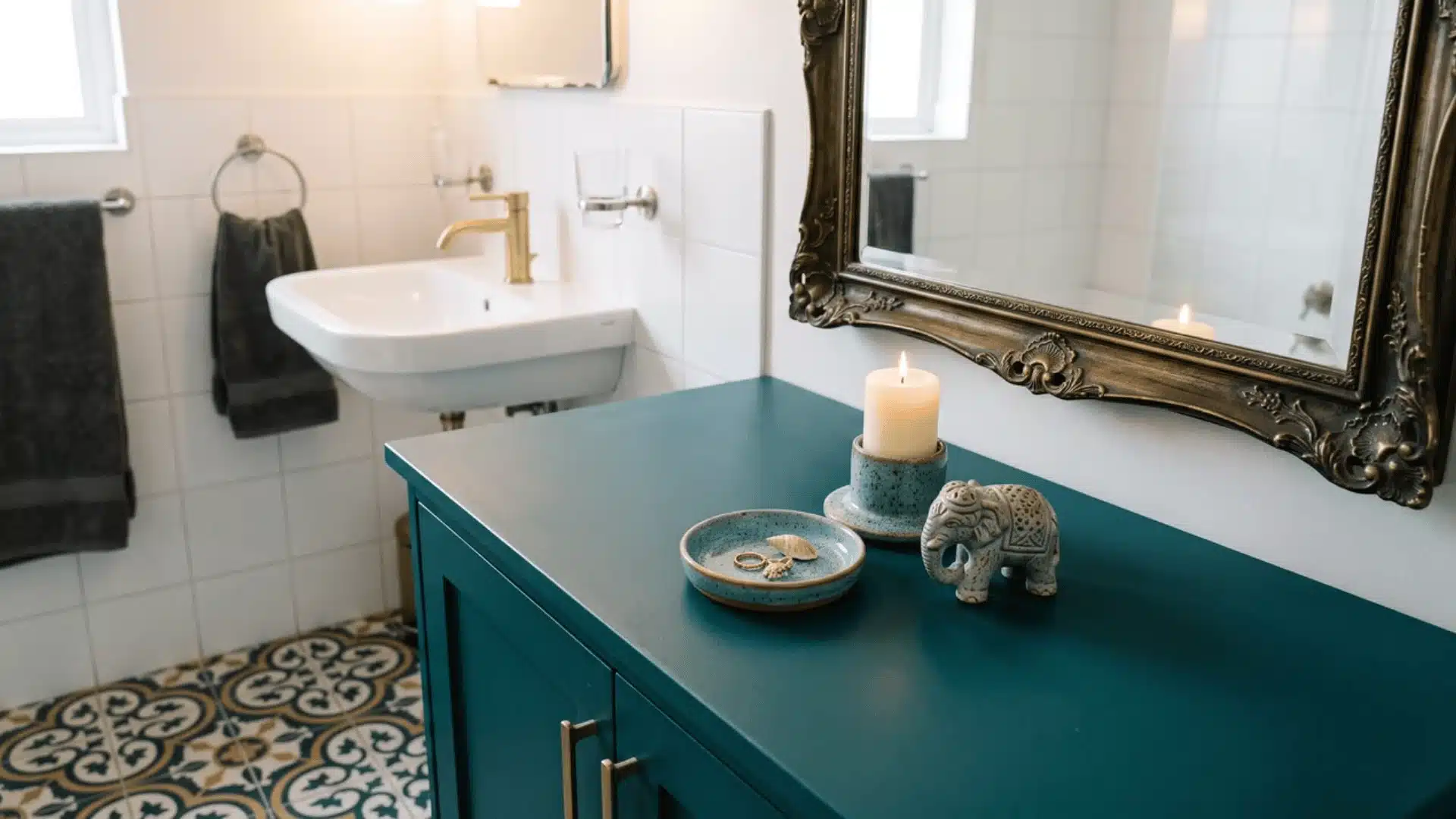Small dish, candle, and travel find grouped on a colorful bathroom vanity counter
