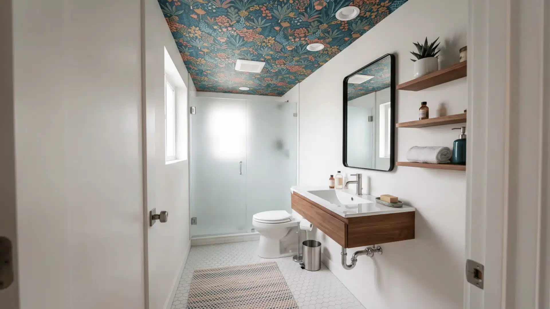 Small eclectic bathroom with multicolored wallpaper across the ceiling above plain walls and fixtures