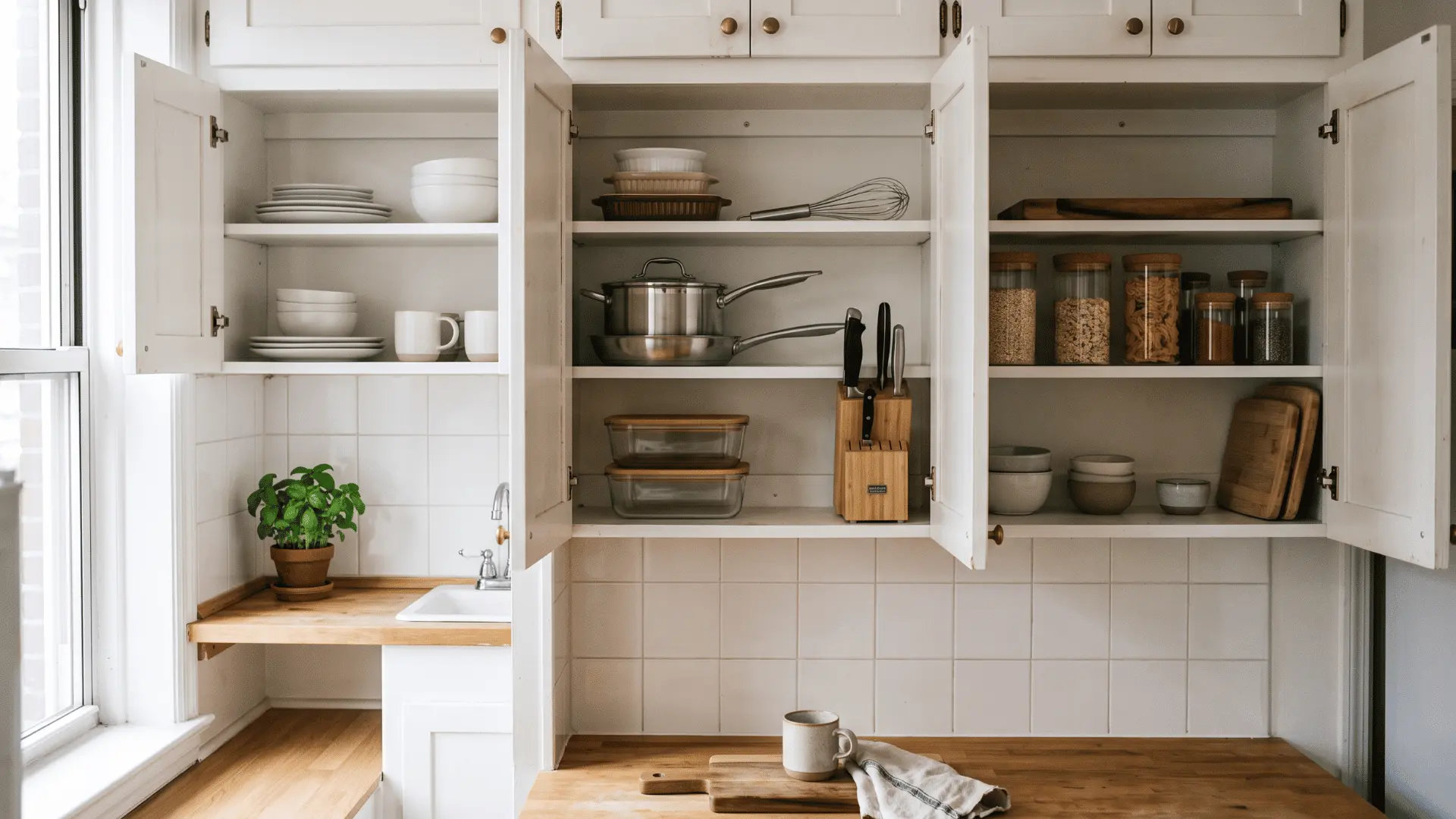 Small-kitchen cabinets organized with nested cookware, dishes, containers, and open space for easy access.